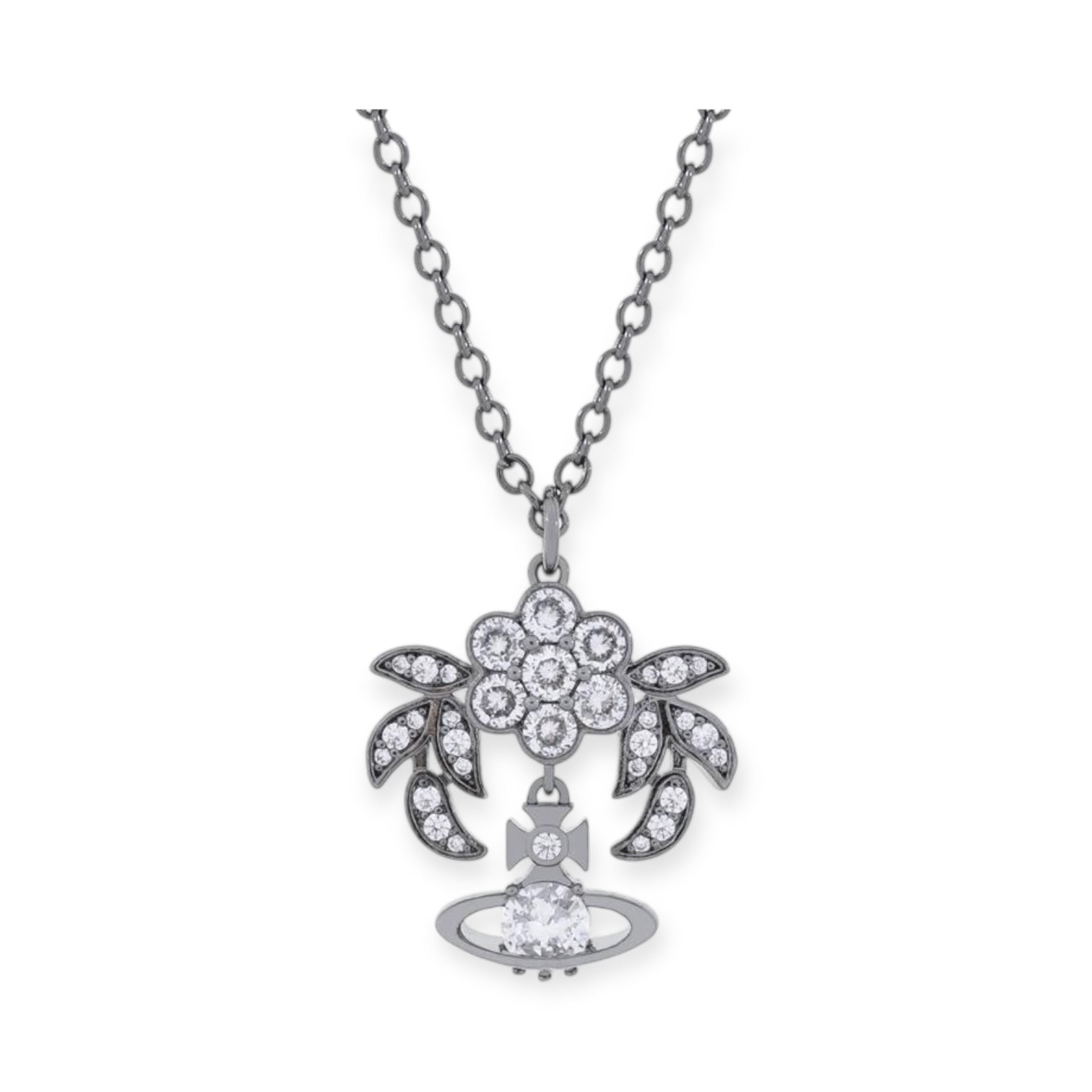 Flower Studded Leaves Mini Gem Orb Hanging Pendant Necklace (4 Colors)
