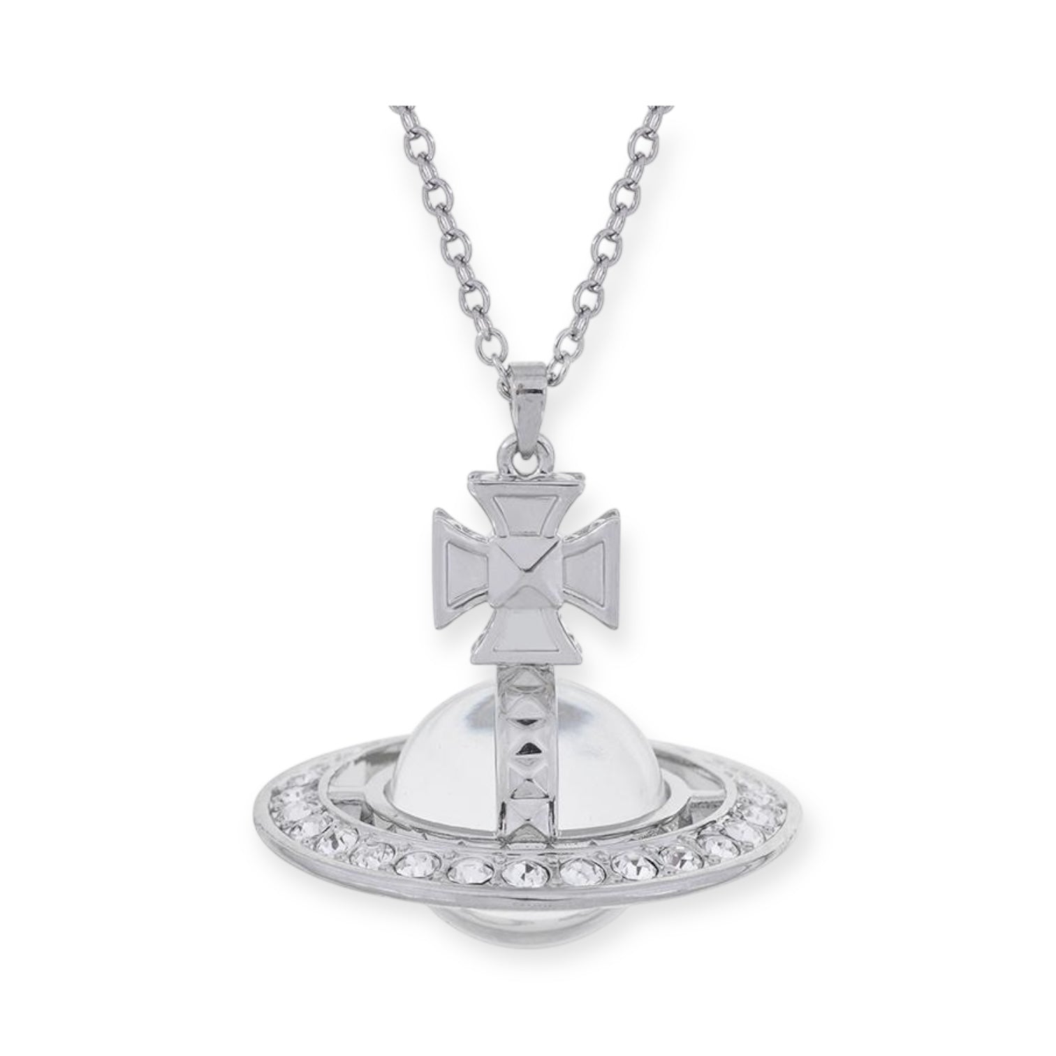 Spiked Edge Gem Studded Rim 3D Cross Clear Orb Pendant Necklace (3 Colors)