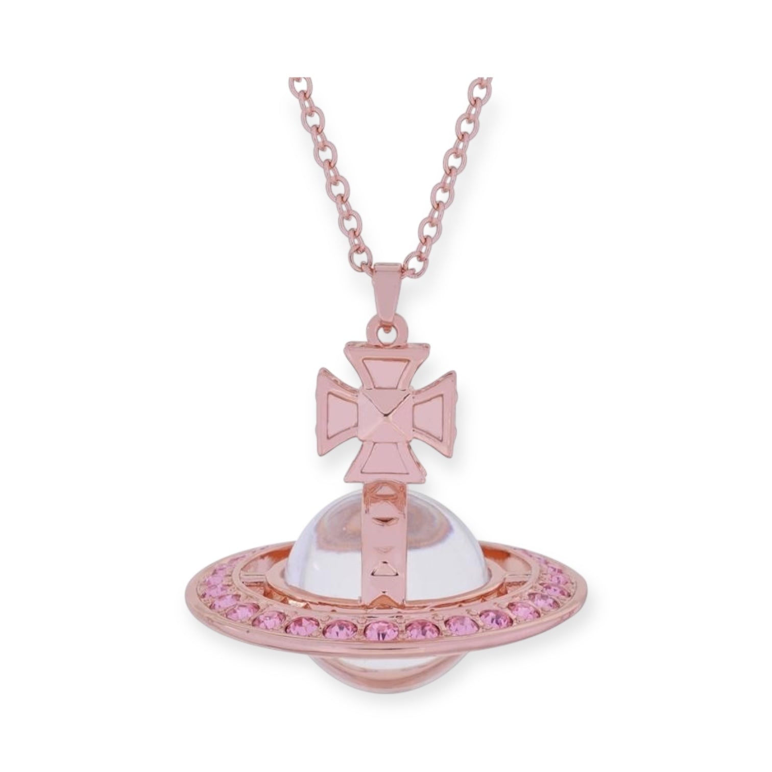 Spiked Edge Gem Studded Rim 3D Cross Clear Orb Pendant Necklace (3 Colors)