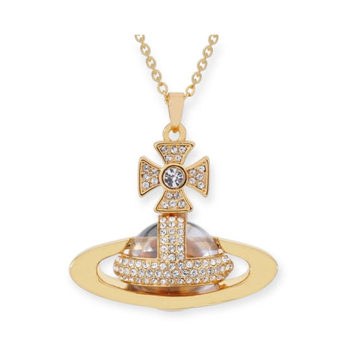 2D Gem Studded Clear Orb Pendant Necklace Gold & Silver (2 Colors & 2 Sizes)