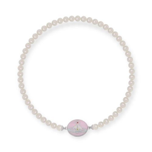 Beaded Pearl Chain Orb Engraved Pendant Magnetic Clasp Choker Necklace (4 Colors)