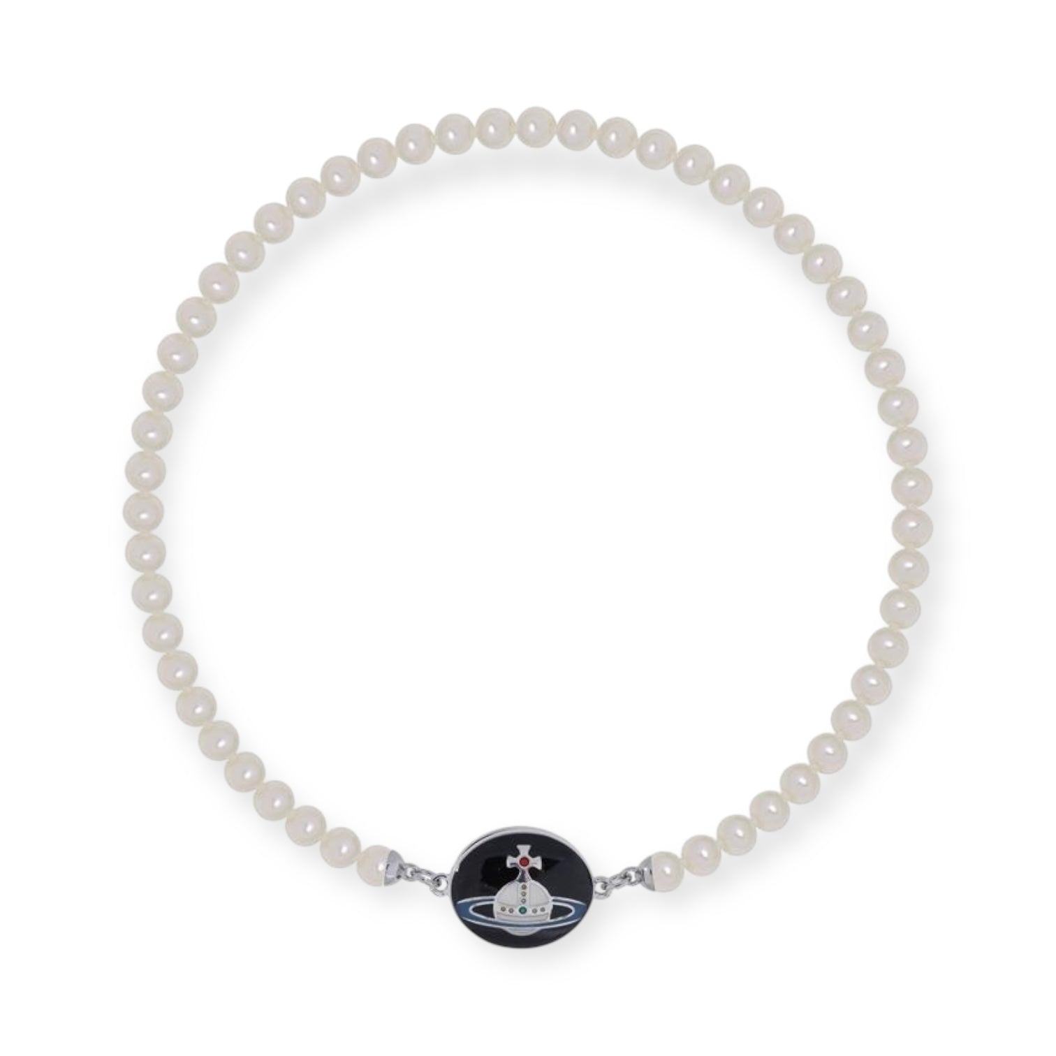 Beaded Pearl Chain Orb Engraved Pendant Magnetic Clasp Choker Necklace (4 Colors)