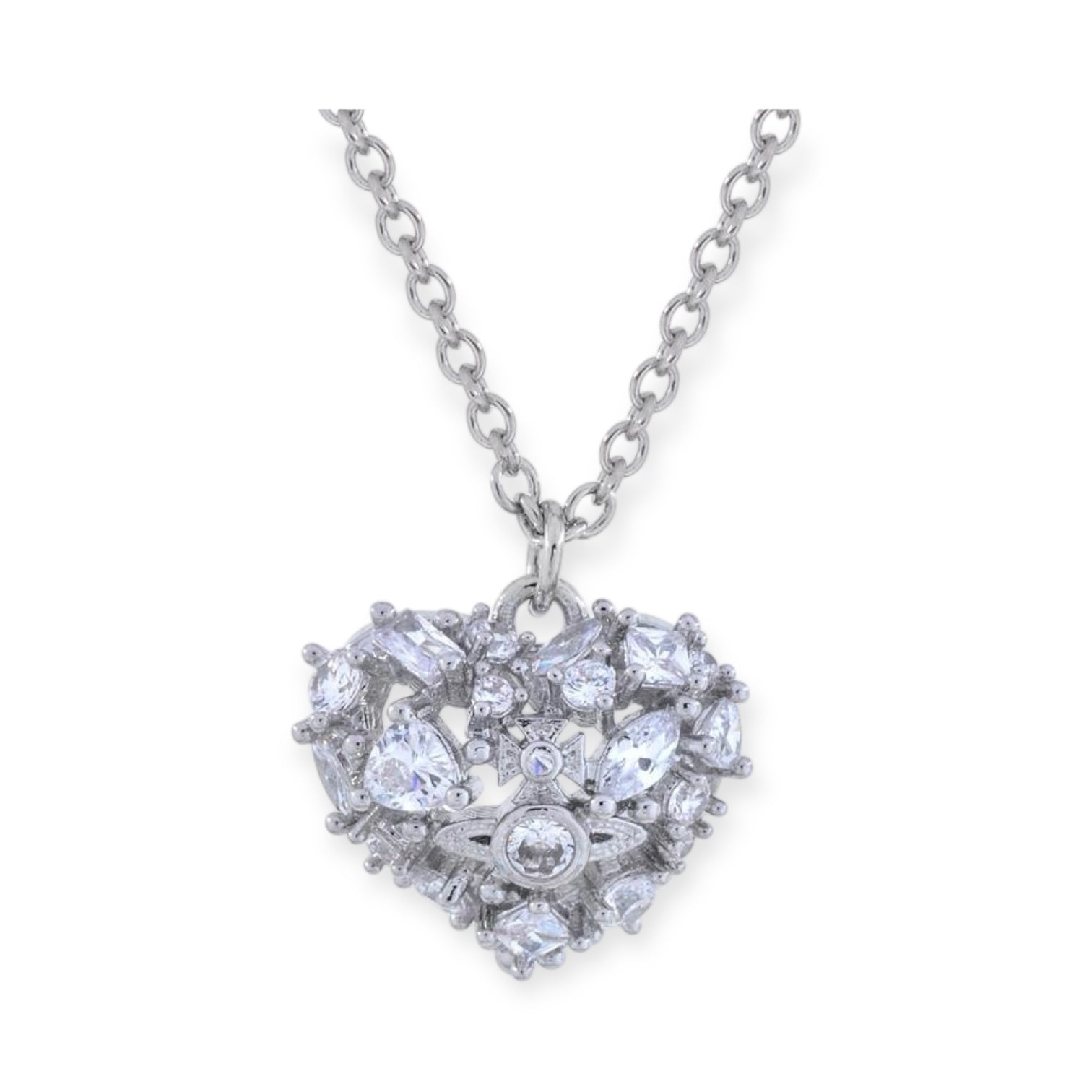 Rhinestone Abstract Broken Ice Heart Design Orb Silver Pendant Necklace