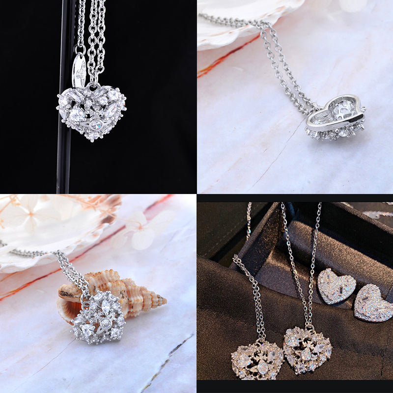 Rhinestone Abstract Broken Ice Heart Design Orb Silver Pendant Necklace