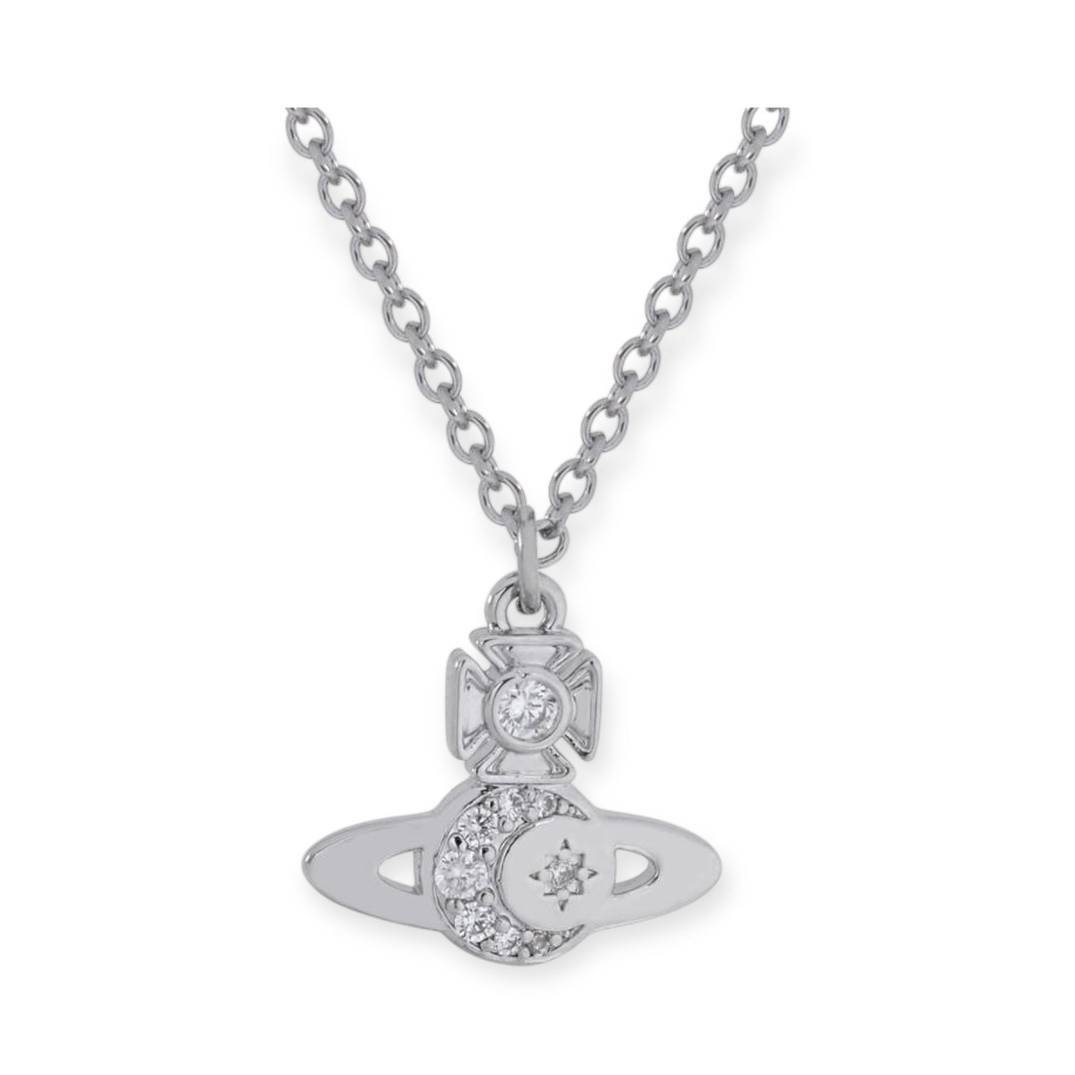 Gem Studded Crescent Moon Stars Display Orb Pendant Necklace Gold & Silver (2 Colors)
