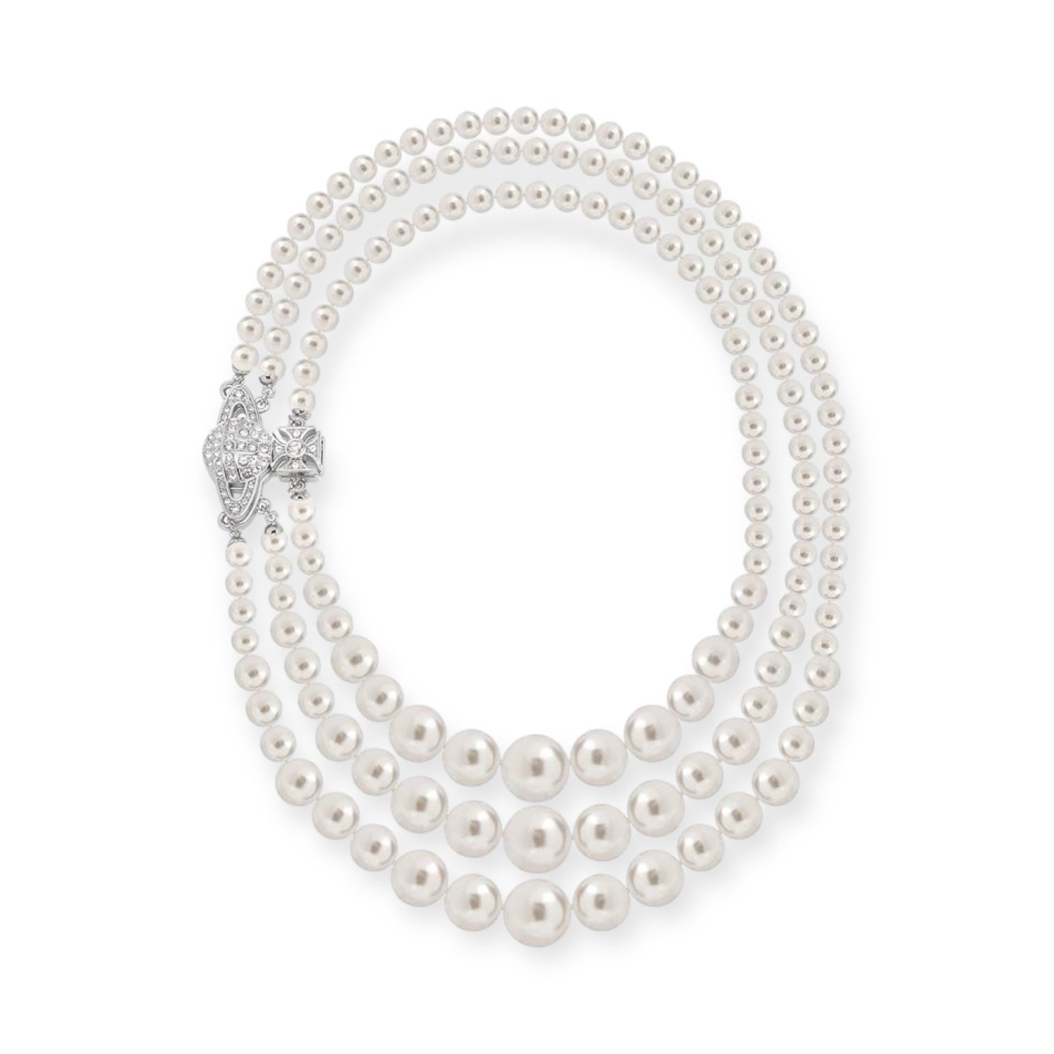 Triple Layer Pearl Sideways Magnet Clasp Gem Studded Orb Pendant Necklace Gold & Silver (2 Colors)