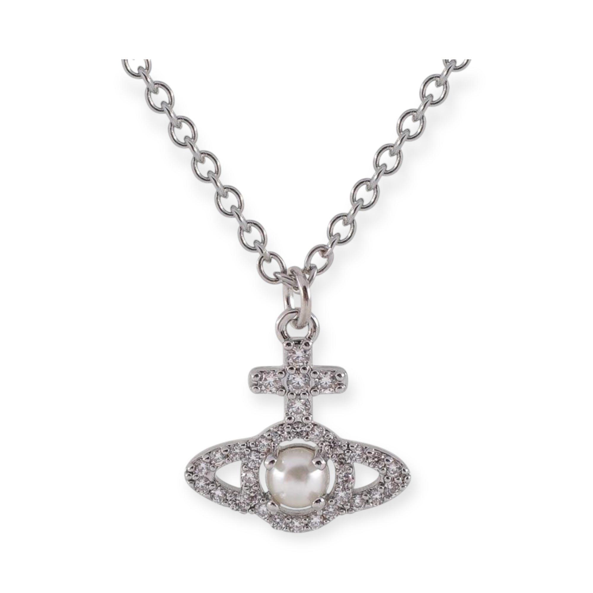 Gem Studded Orb Middle Pearl Pendant Necklace Gold & Silver (2 Colors)