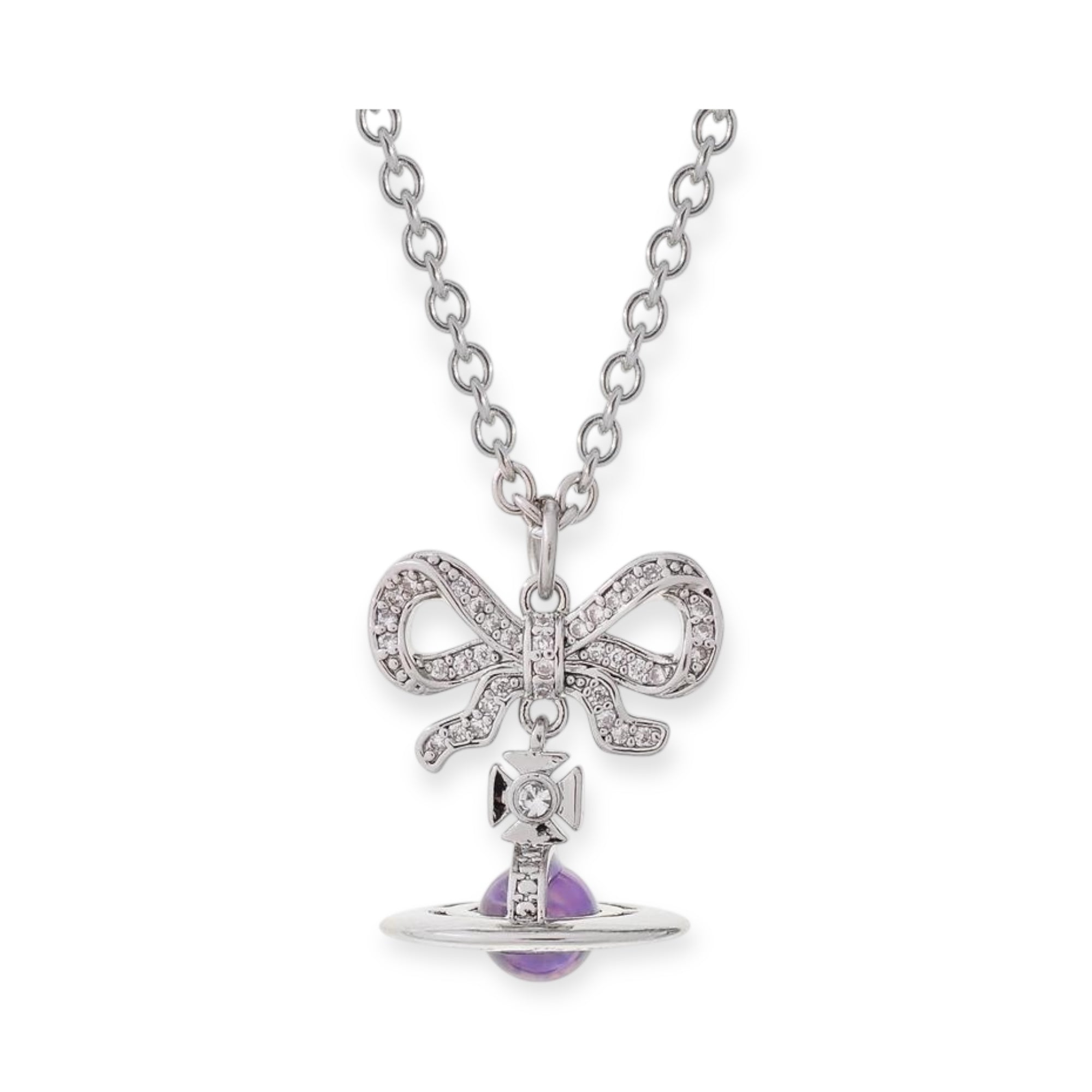 Gem Studded Bow Ribbon Mini Orb Pendant Necklace Pink & Purple (2 Colors, 2 Styles)