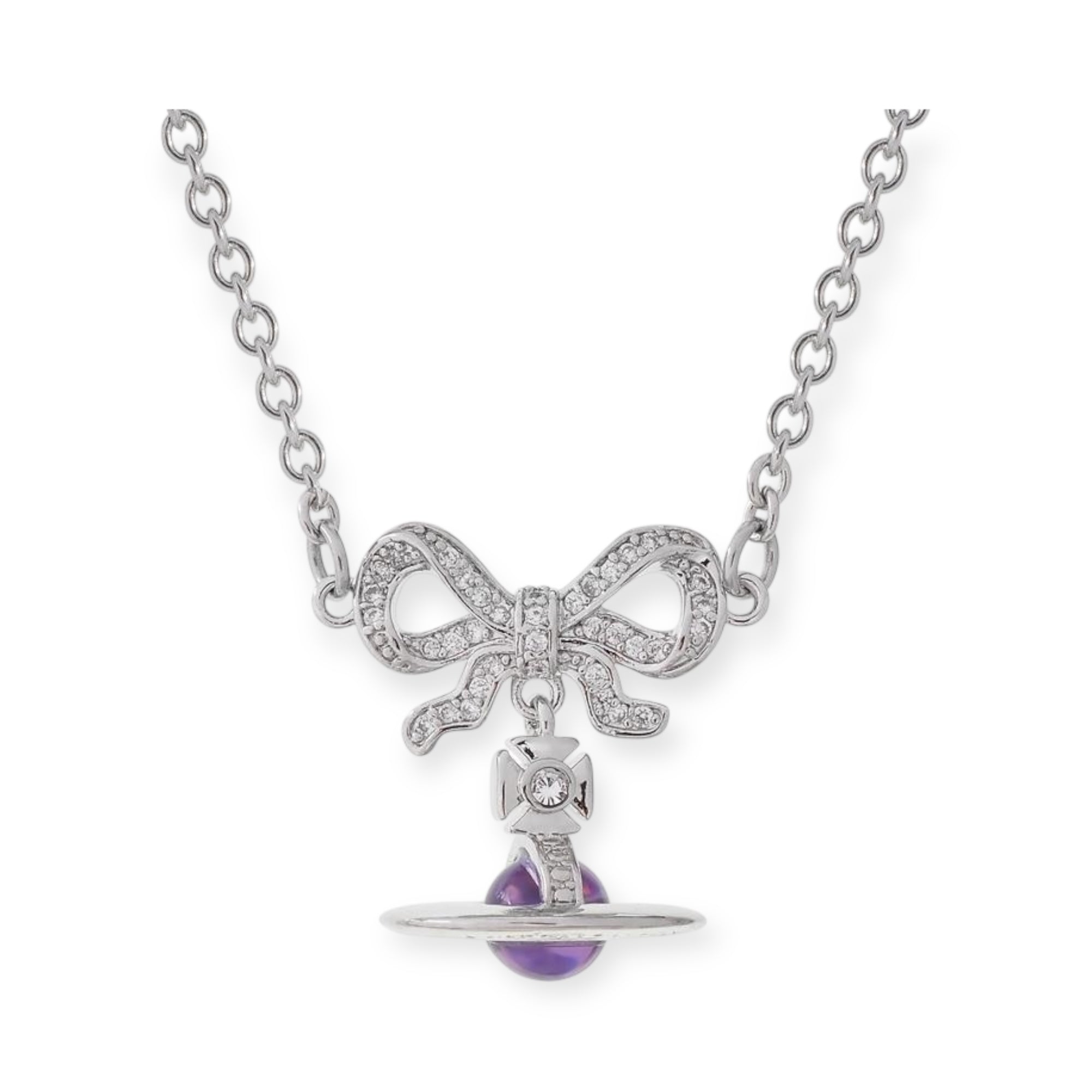 Gem Studded Bow Ribbon Mini Orb Pendant Necklace Pink & Purple (2 Colors, 2 Styles)