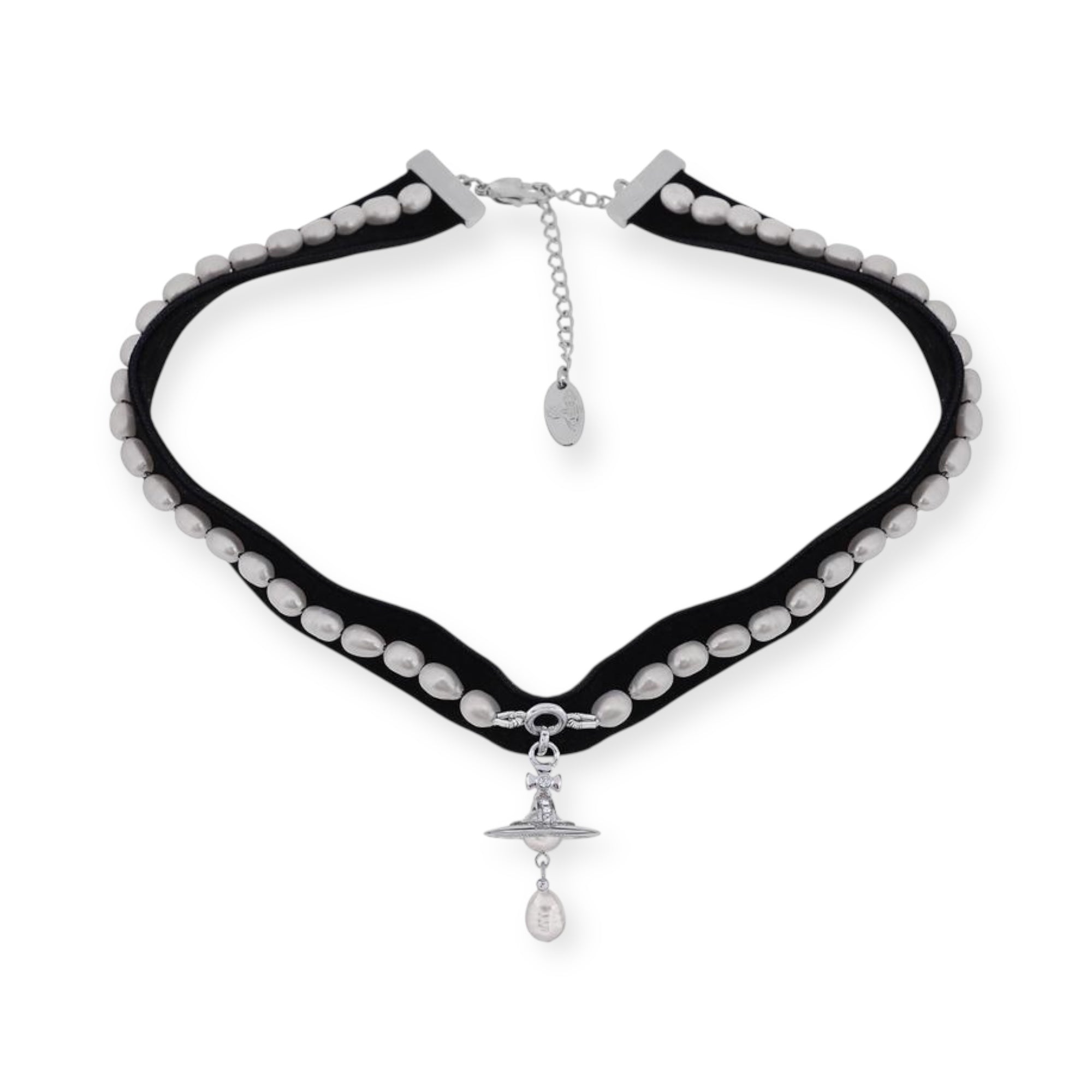Colored Velvet Strip Beaded Tear Drop Orb Pendant Choker Necklace (3 Colors)