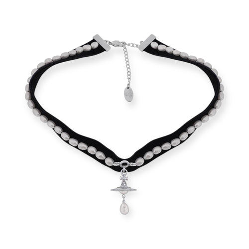 Colored Velvet Strip Beaded Tear Drop Orb Pendant Choker Necklace (3 Colors)