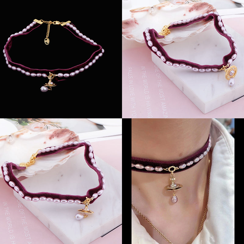 Colored Velvet Strip Beaded Tear Drop Orb Pendant Choker Necklace (3 Colors)