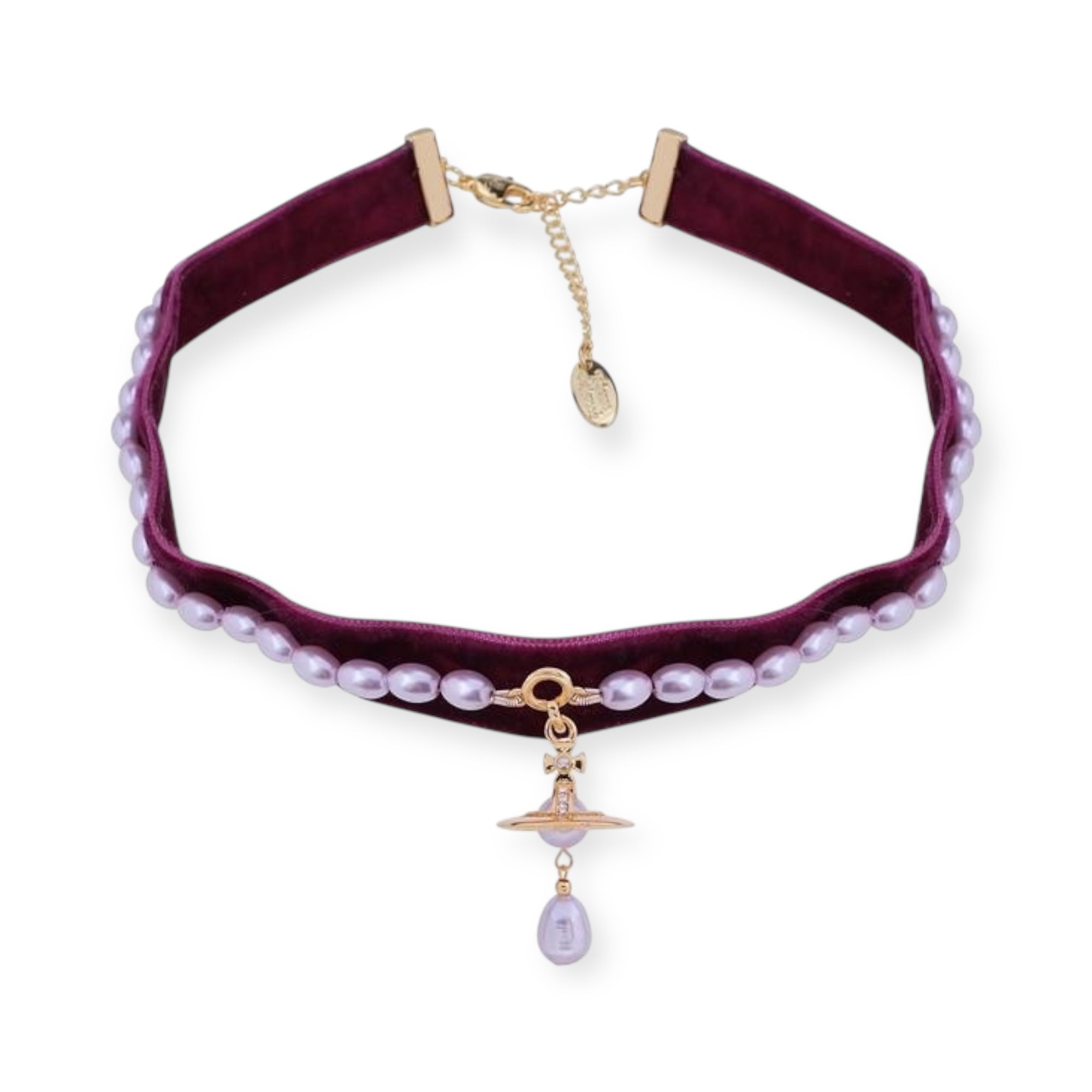 Colored Velvet Strip Beaded Tear Drop Orb Pendant Choker Necklace (3 Colors)