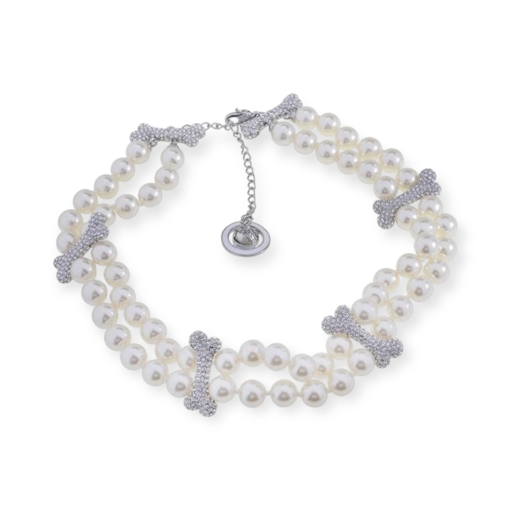 Double Layer Pearl Gem Studded Multi Bones Orb Clasp Choker Necklace Gold & Silver (2 Color)