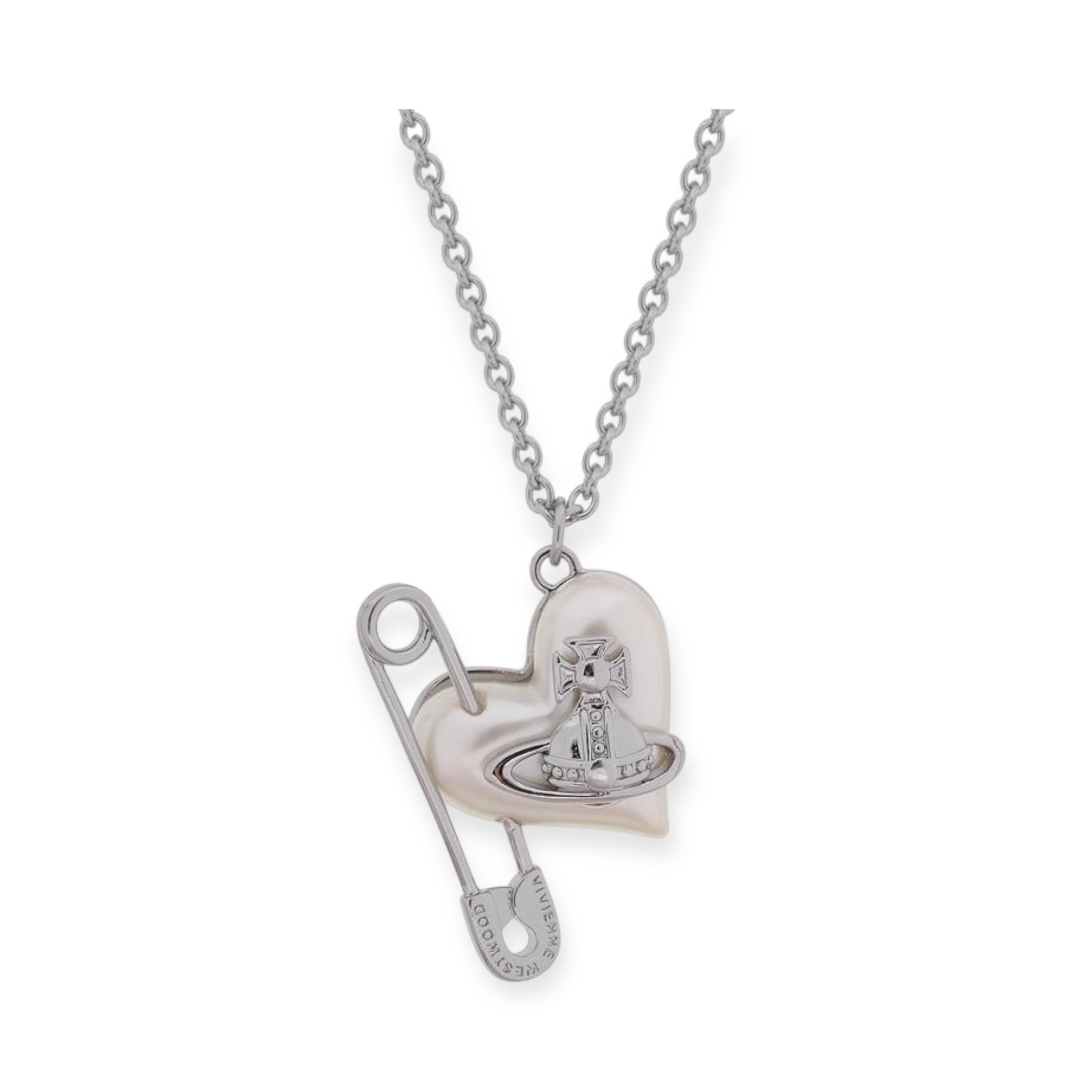 Heart Safety Pin Paperclip Asymmetrical Pearl Orb Design Necklace (3 Colors)