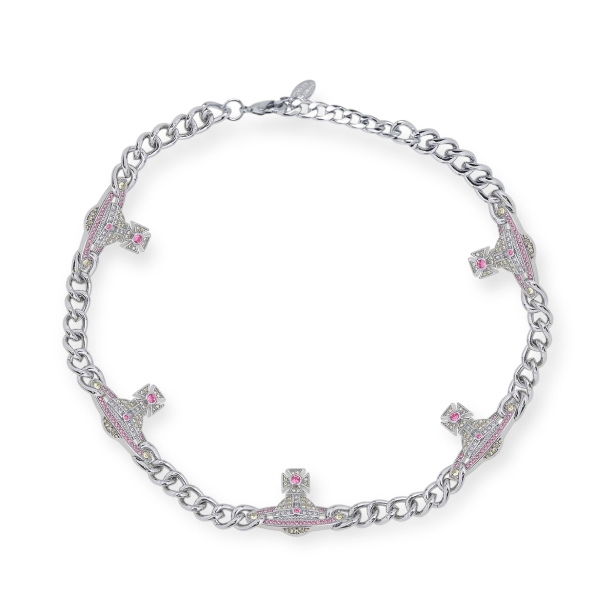 Multi Orb Pendant Chain Link Necklace Silver & Pink (2 Colors)