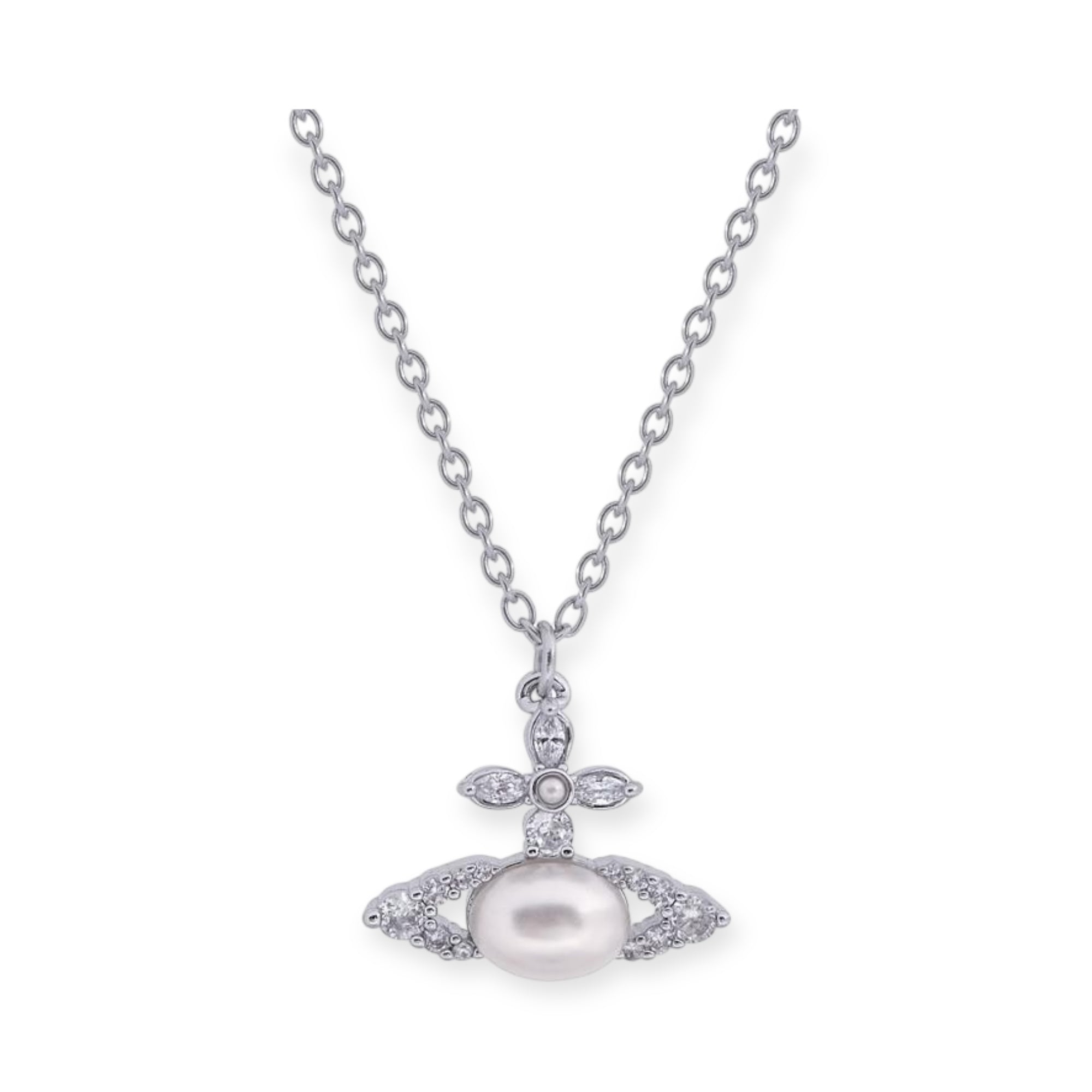 Oval Pearl Orb Gem Studded Leaf Details Necklace Gold & Silver (2 Colors)
