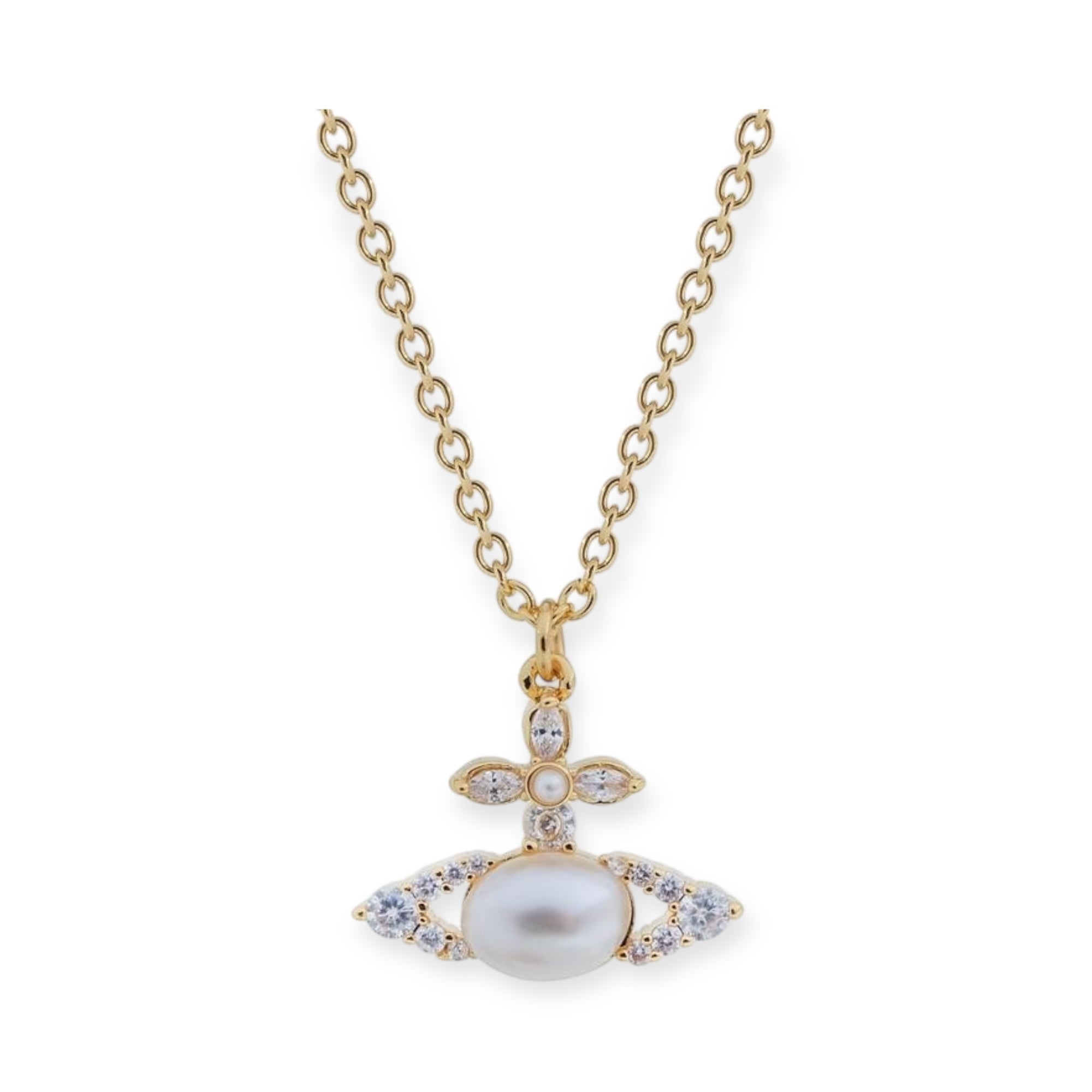 Oval Pearl Orb Gem Studded Leaf Details Necklace Gold & Silver (2 Colors)