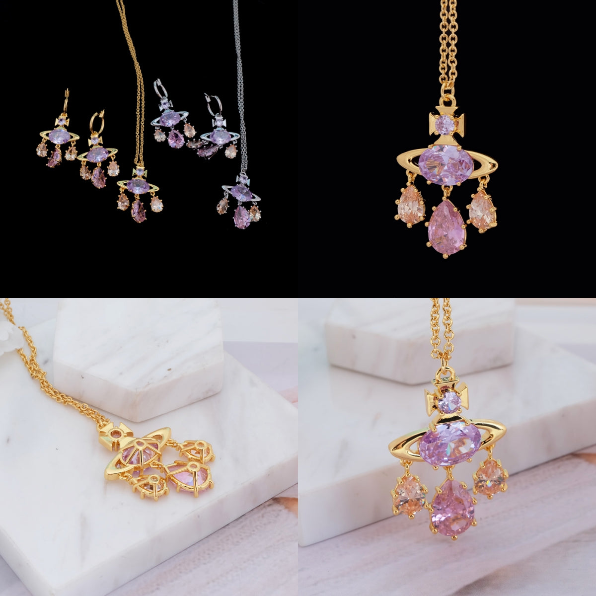 Multi Tear Drop Gem Colorful Orb Pendant Necklace (2 Colors & 2 Chain Types)