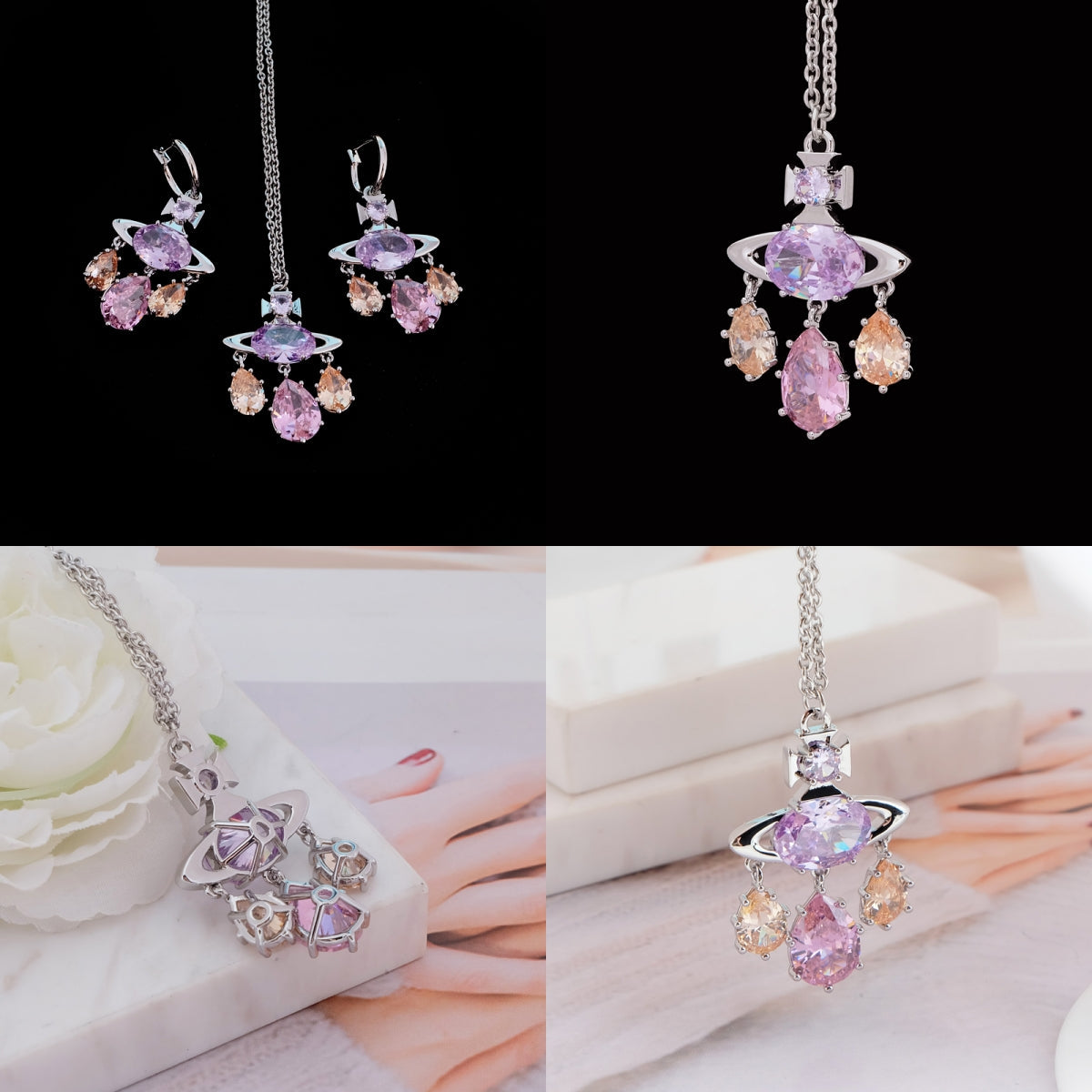 Multi Tear Drop Gem Colorful Orb Pendant Necklace (2 Colors & 2 Chain Types)