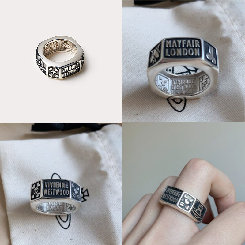 Octagon Shape Multi Symbol Engraved Orb Design Ring (3 Colors)