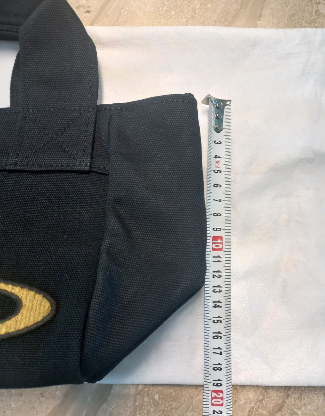 Black Canvas Mini Tote Bag Beige Embroidered Orb Logo Handbag