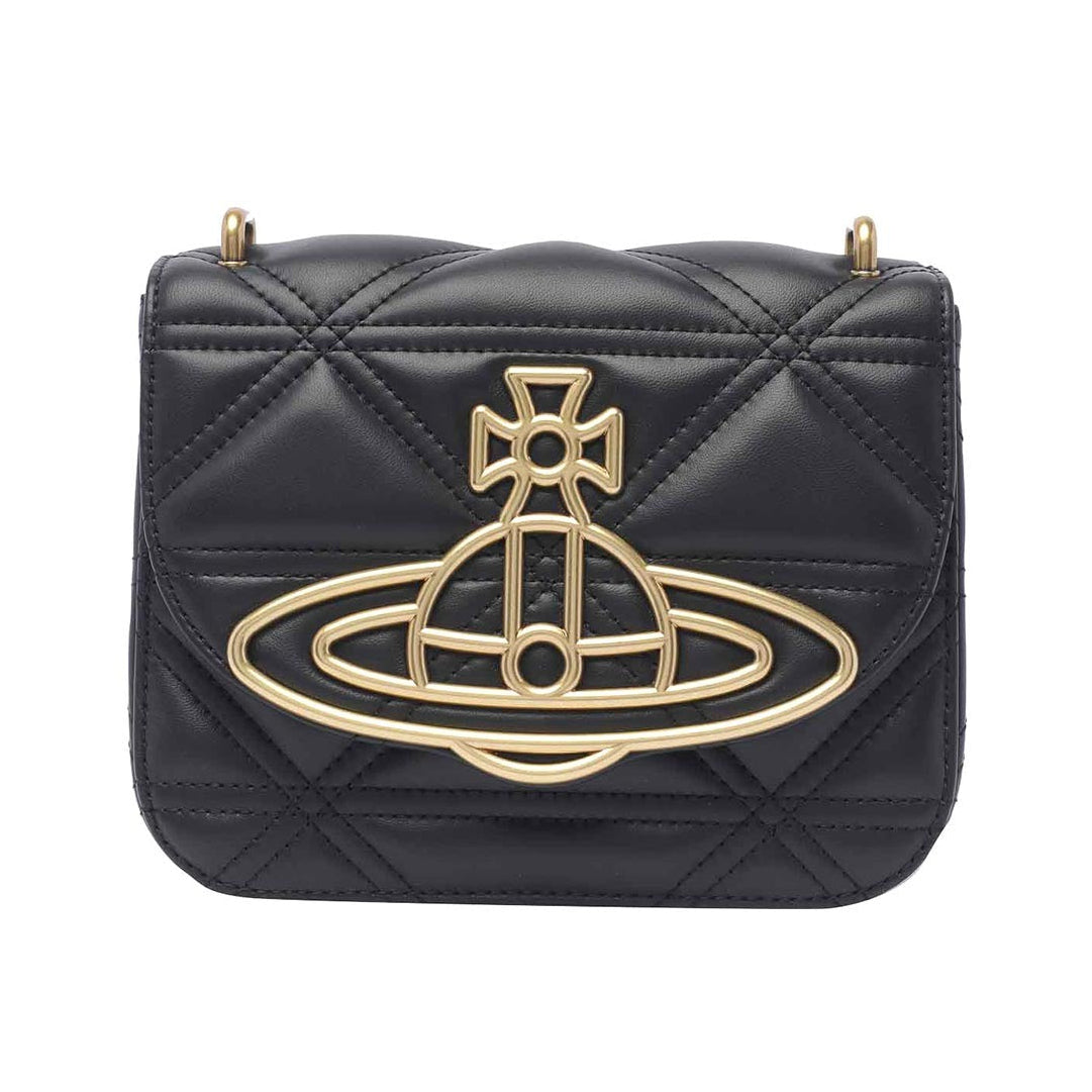 Black Quilted Leather Crossbody Shoulder Bag Gold Orb