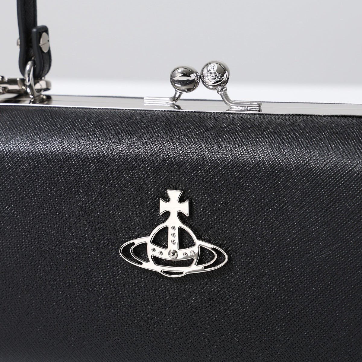 Leather Black Kiss Lock Top Handle Crossbody Handbag Silver Orb