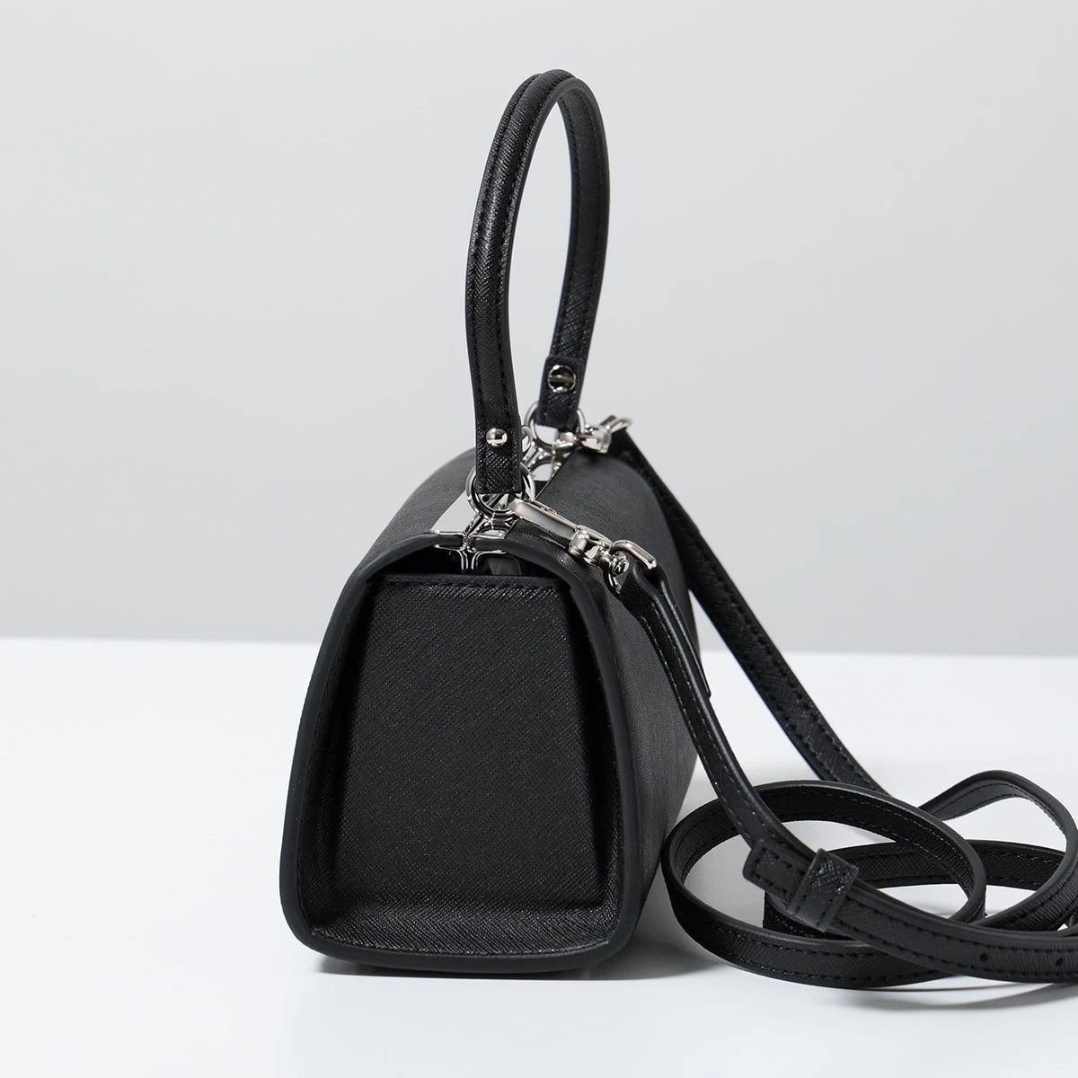 Leather Black Kiss Lock Top Handle Crossbody Handbag Silver Orb