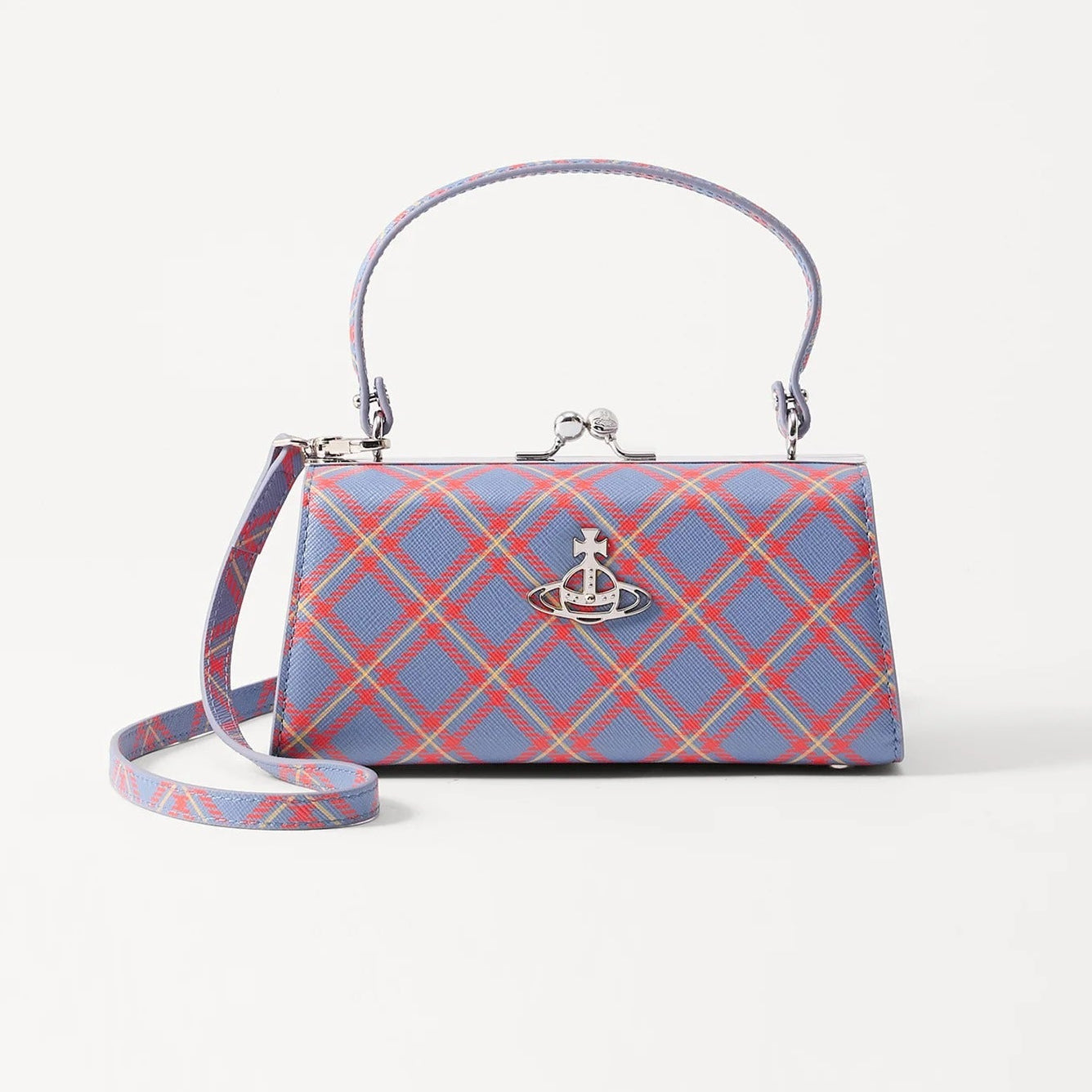Tartan Print Kiss Lock Top Handle Crossbody Handbag