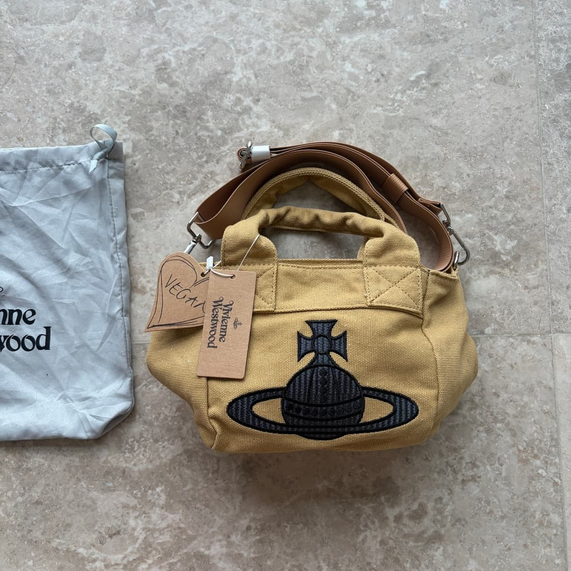 Beige Canvas Mini Tote Bag Black Embroidered Orb Logo Handbag