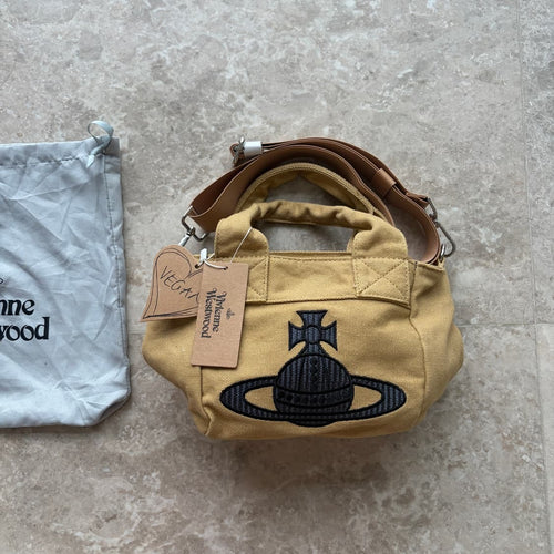 Beige Canvas Mini Tote Bag Black Embroidered Orb Logo Handbag