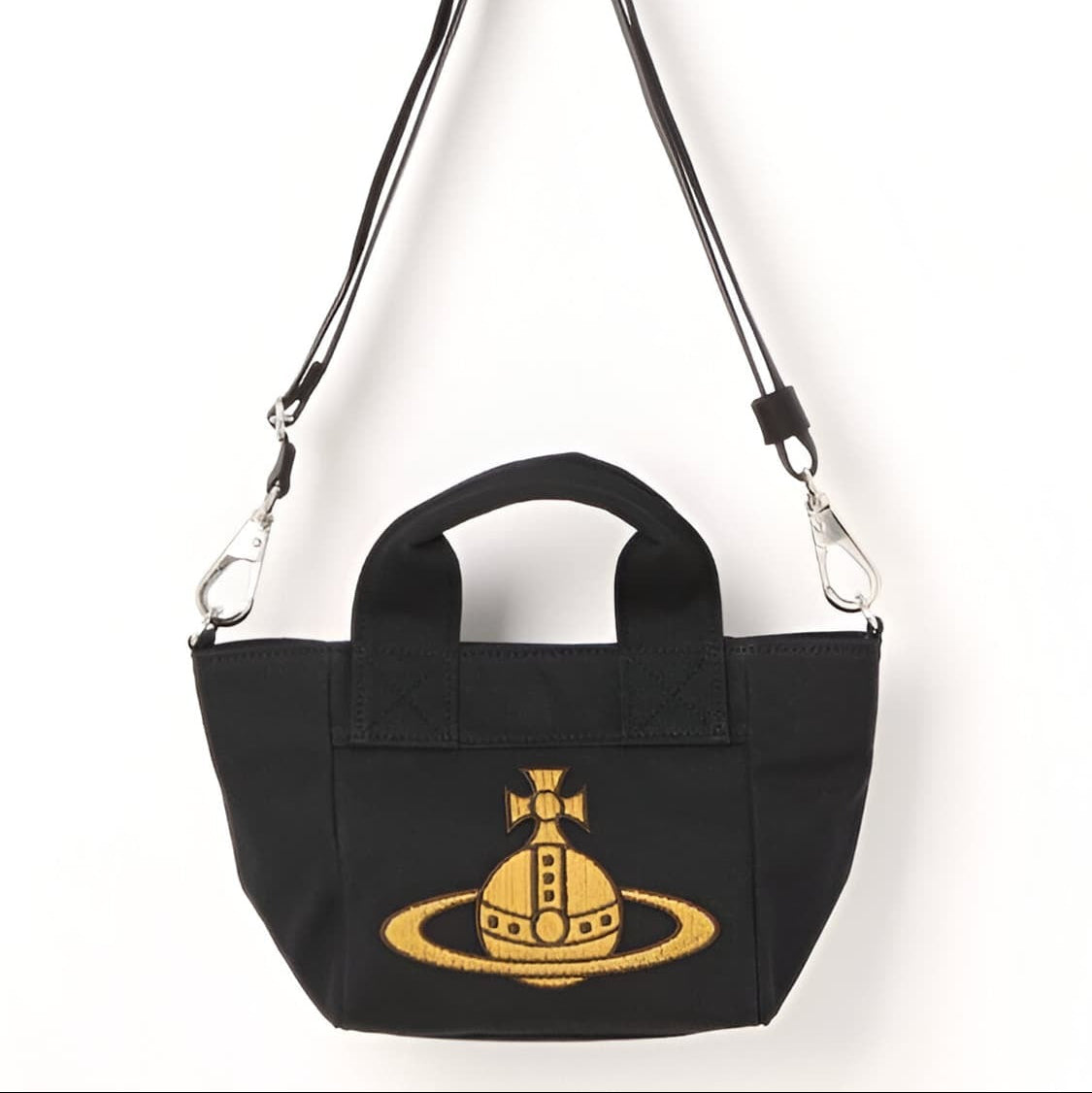 Black Canvas Mini Tote Bag Beige Embroidered Orb Logo Handbag