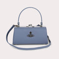 Leather Blue Kiss Lock Top Handle Crossbody Handbag Silver Orb