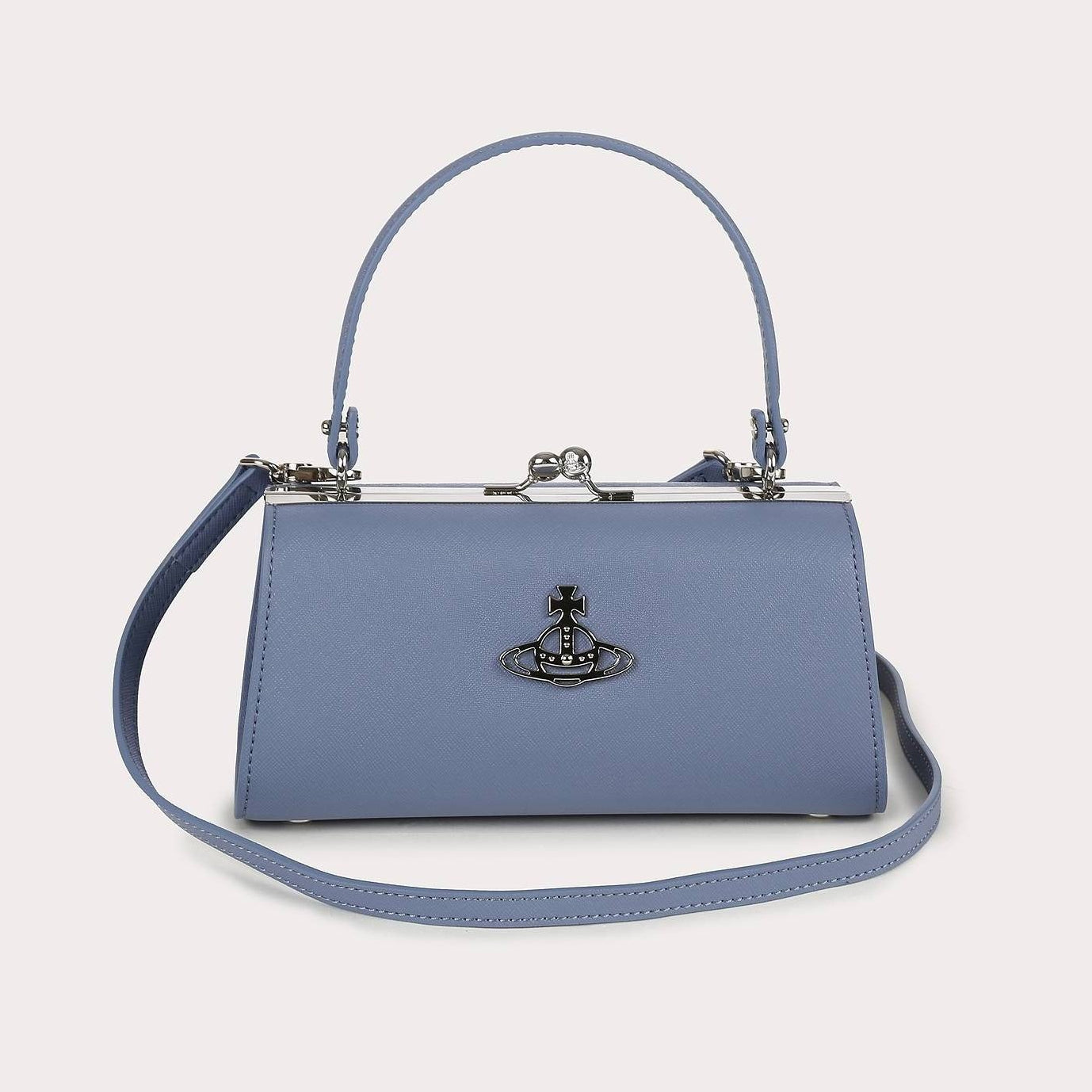 Leather Blue Kiss Lock Top Handle Crossbody Handbag Silver Orb