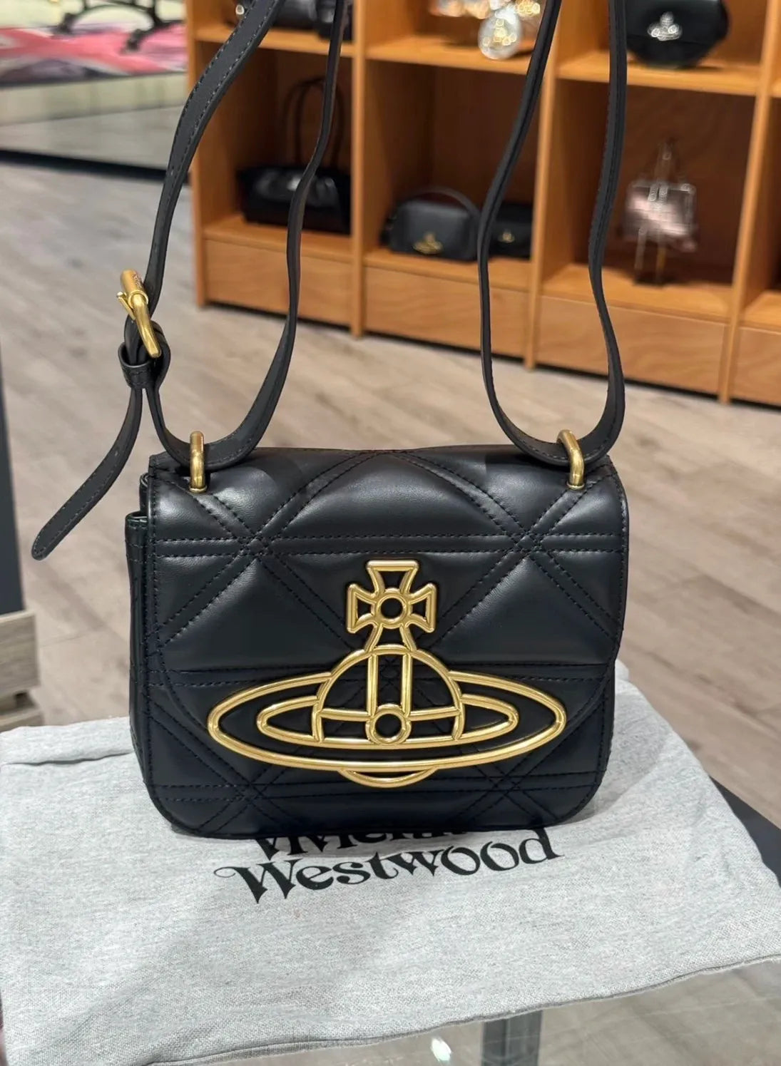 Black Quilted Leather Crossbody Shoulder Bag Gold Orb