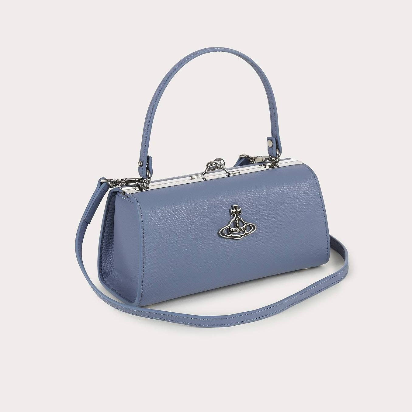Leather Blue Kiss Lock Top Handle Crossbody Handbag Silver Orb