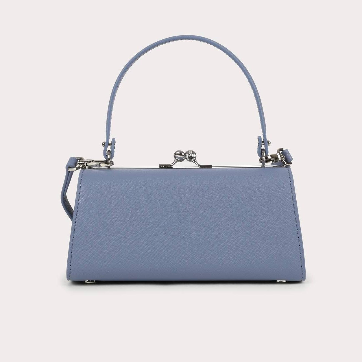 Leather Blue Kiss Lock Top Handle Crossbody Handbag Silver Orb