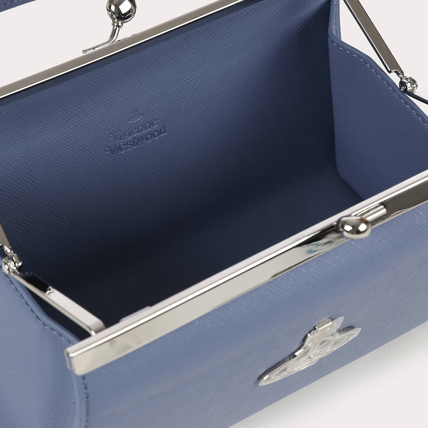 Leather Blue Kiss Lock Top Handle Crossbody Handbag Silver Orb