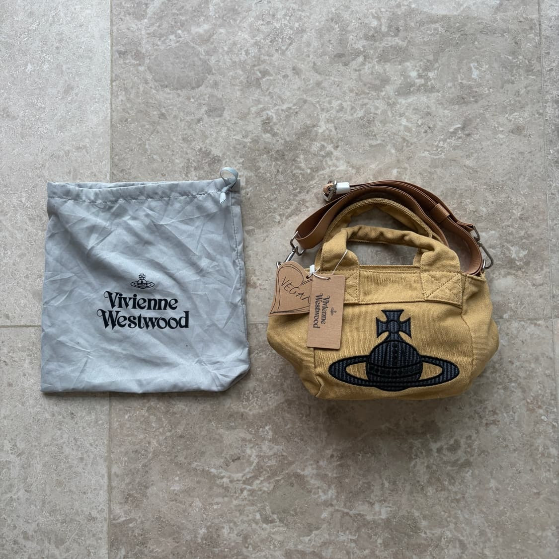 Beige Canvas Mini Tote Bag Black Embroidered Orb Logo Handbag