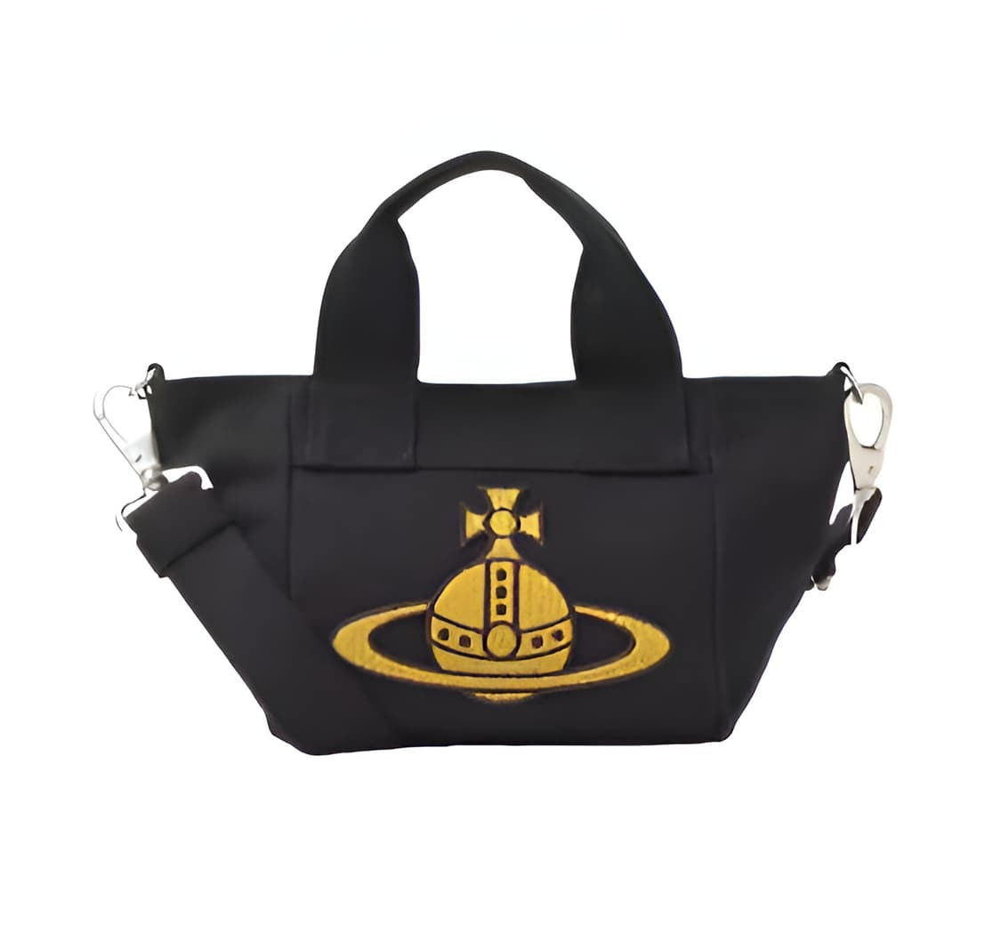 Black Canvas Mini Tote Bag Beige Embroidered Orb Logo Handbag