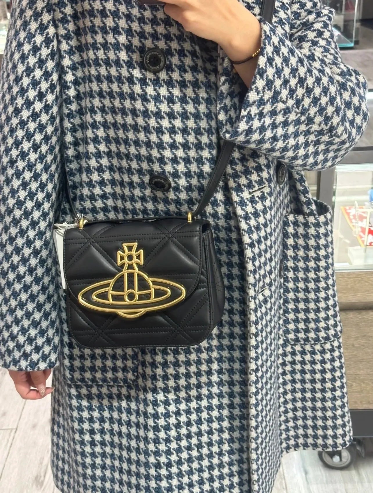 Black Quilted Leather Crossbody Shoulder Bag Gold Orb