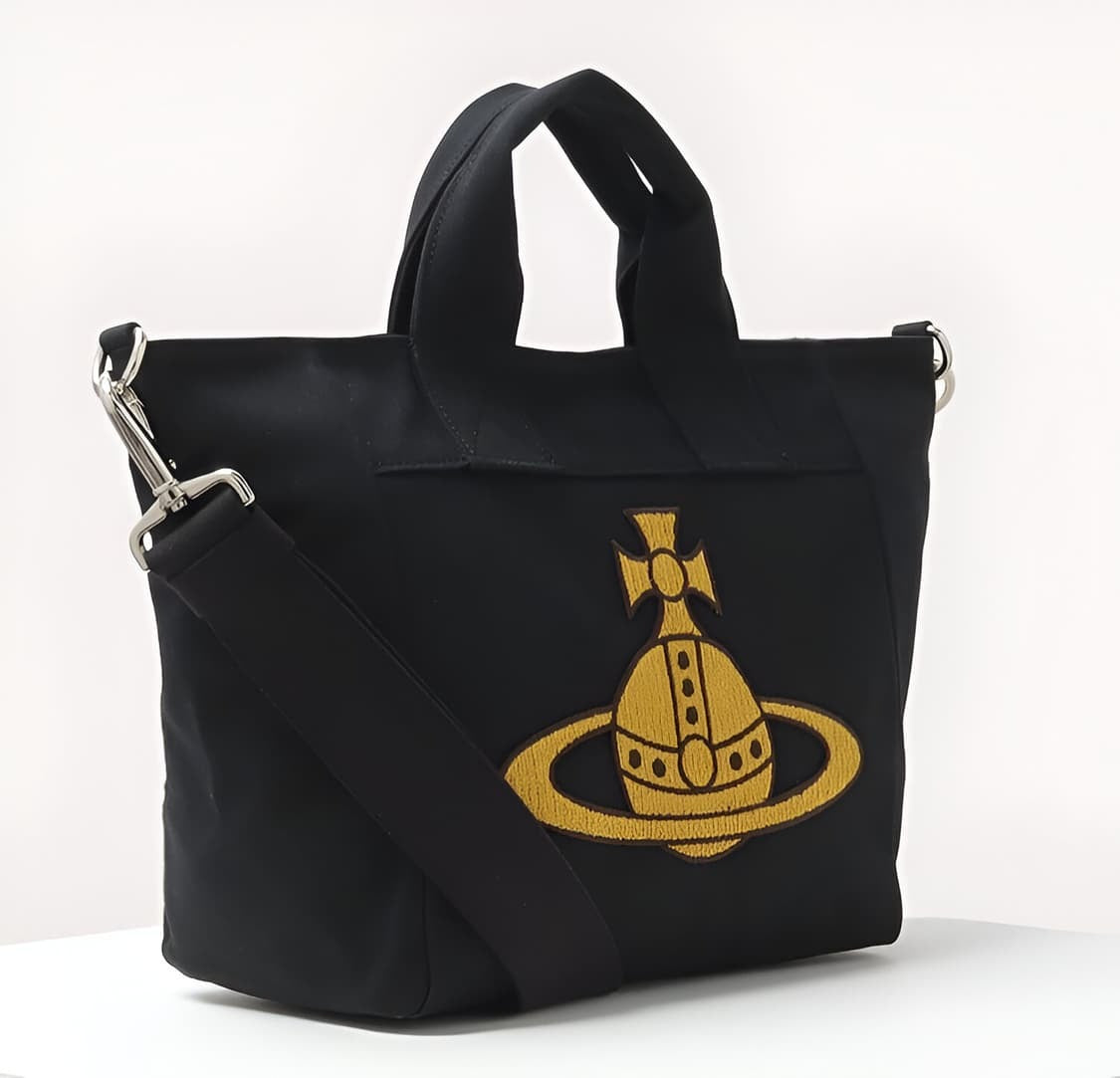 Black Canvas Mini Tote Bag Beige Embroidered Orb Logo Handbag