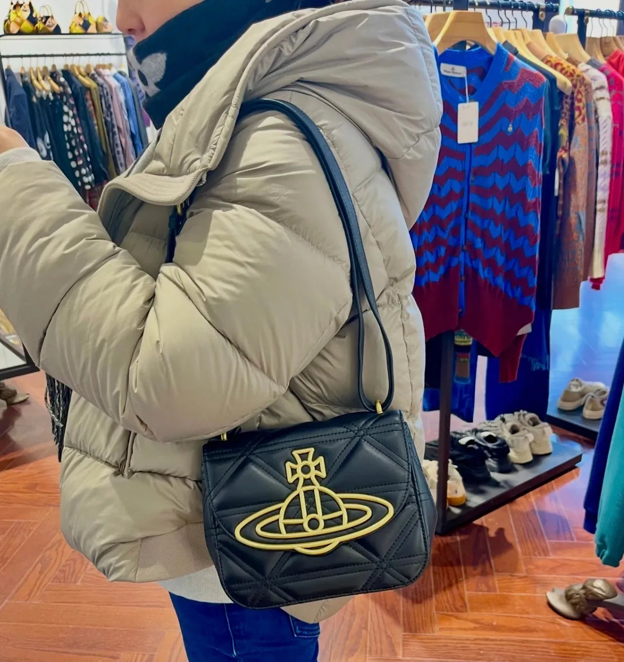 Black Quilted Leather Crossbody Shoulder Bag Gold Orb