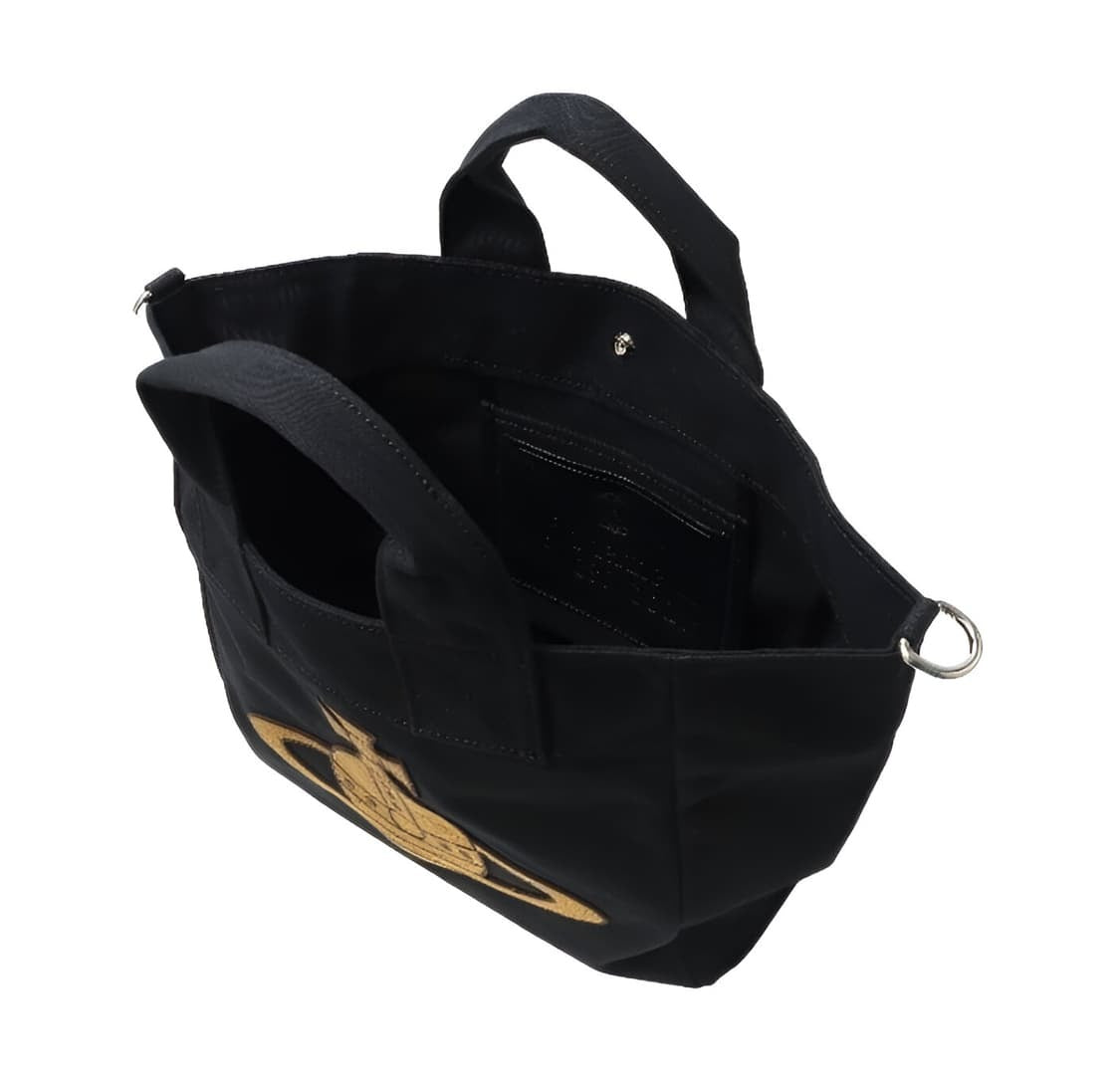 Black Canvas Mini Tote Bag Beige Embroidered Orb Logo Handbag