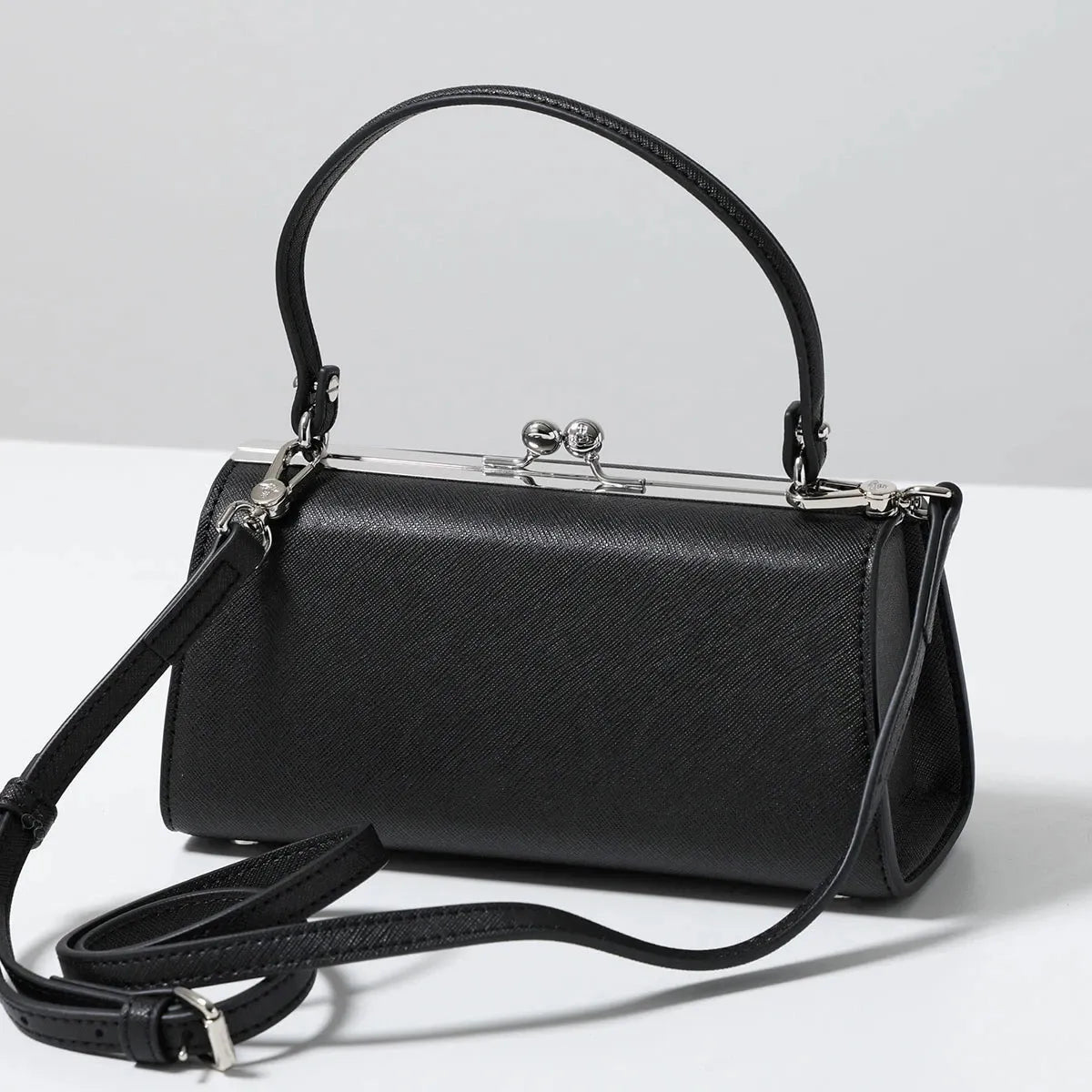 Leather Black Kiss Lock Top Handle Crossbody Handbag Silver Orb