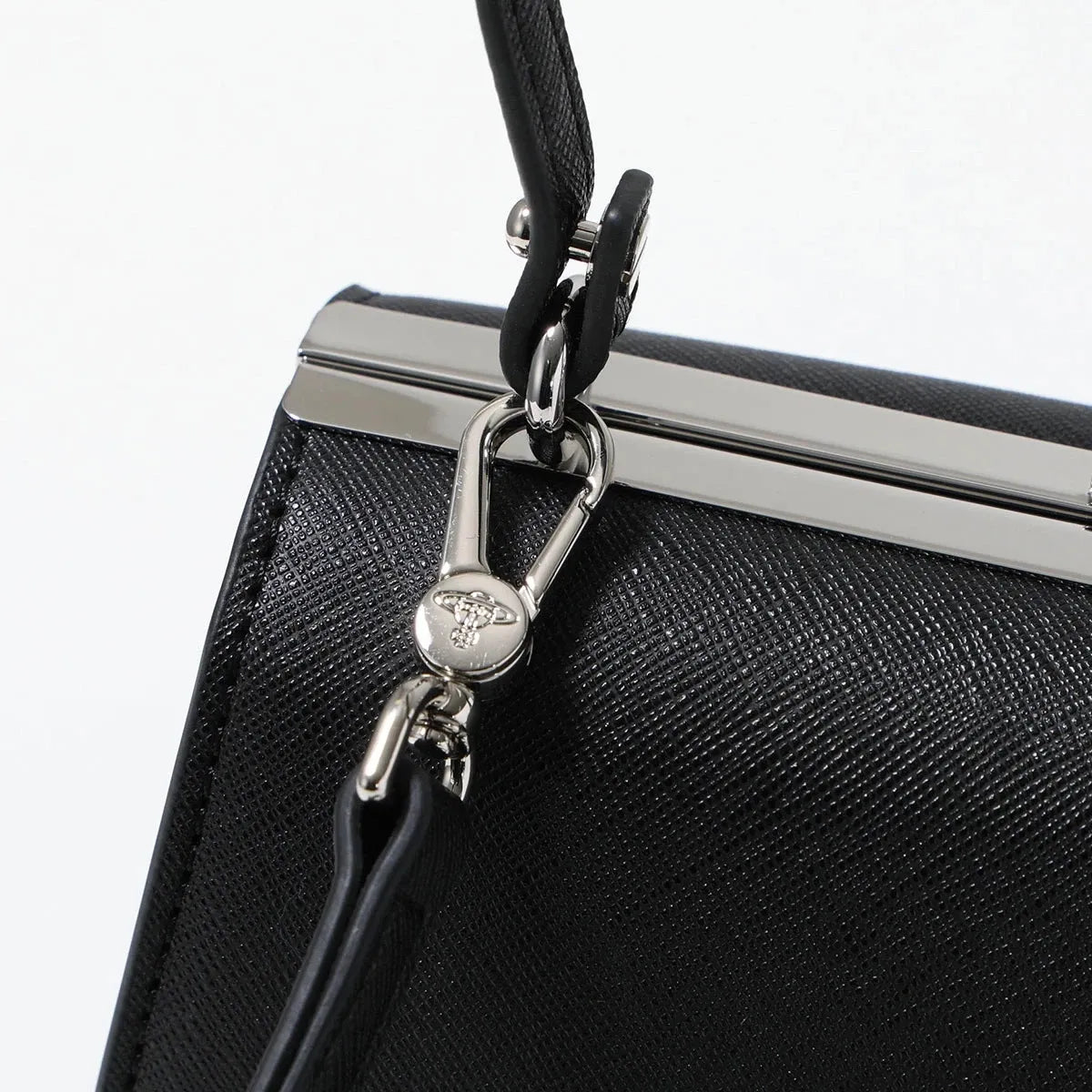 Leather Black Kiss Lock Top Handle Crossbody Handbag Silver Orb