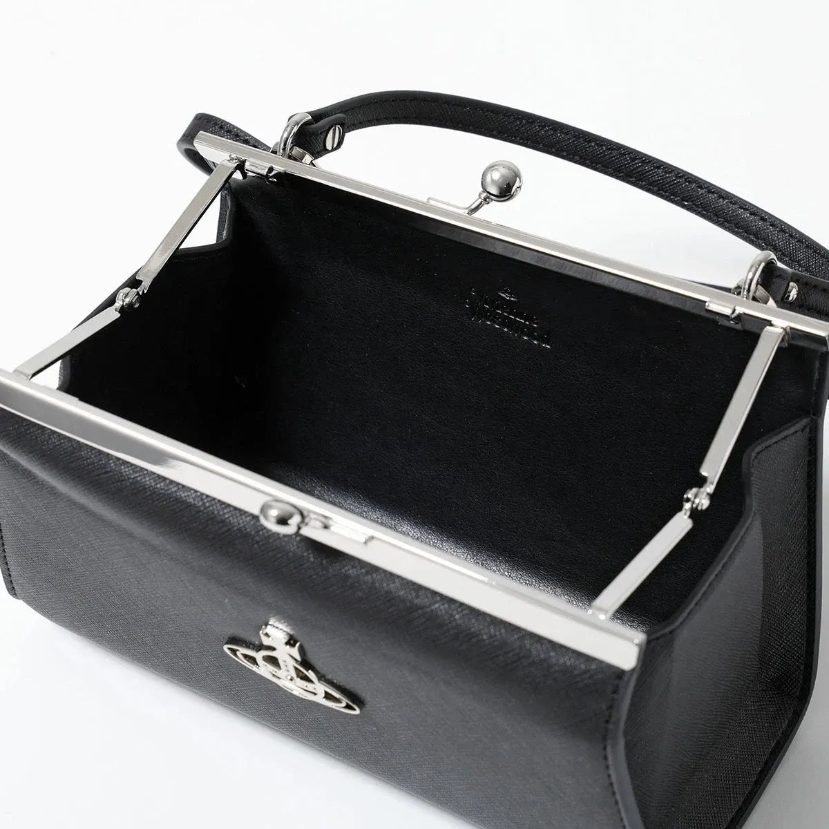 Leather Black Kiss Lock Top Handle Crossbody Handbag Silver Orb