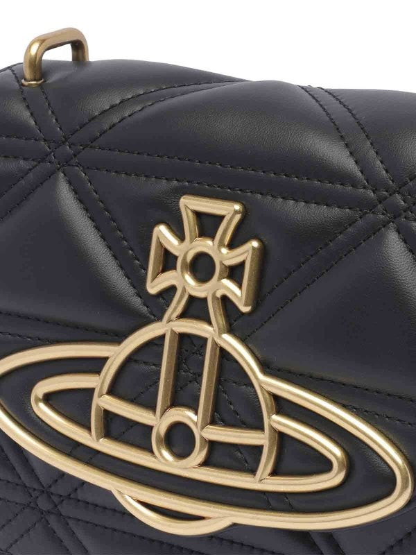 Black Quilted Leather Crossbody Shoulder Bag Gold Orb