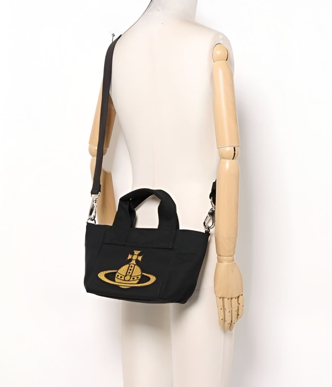 Black Canvas Mini Tote Bag Beige Embroidered Orb Logo Handbag
